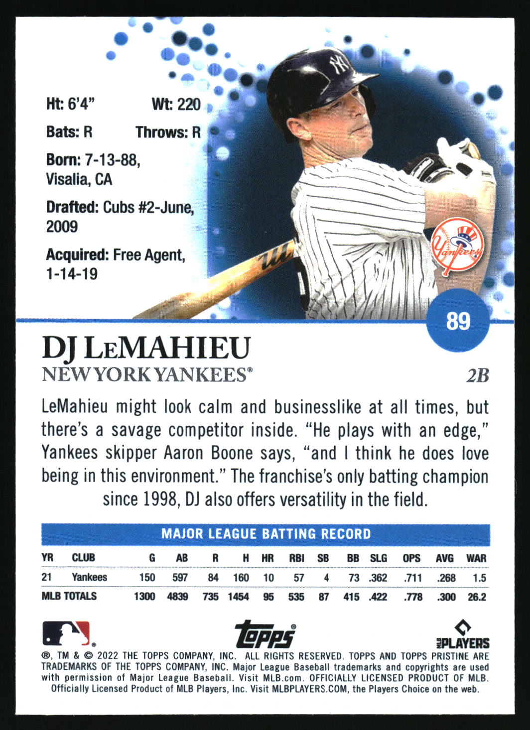 2022 Topps Pristine #89 DJ LeMahieu
