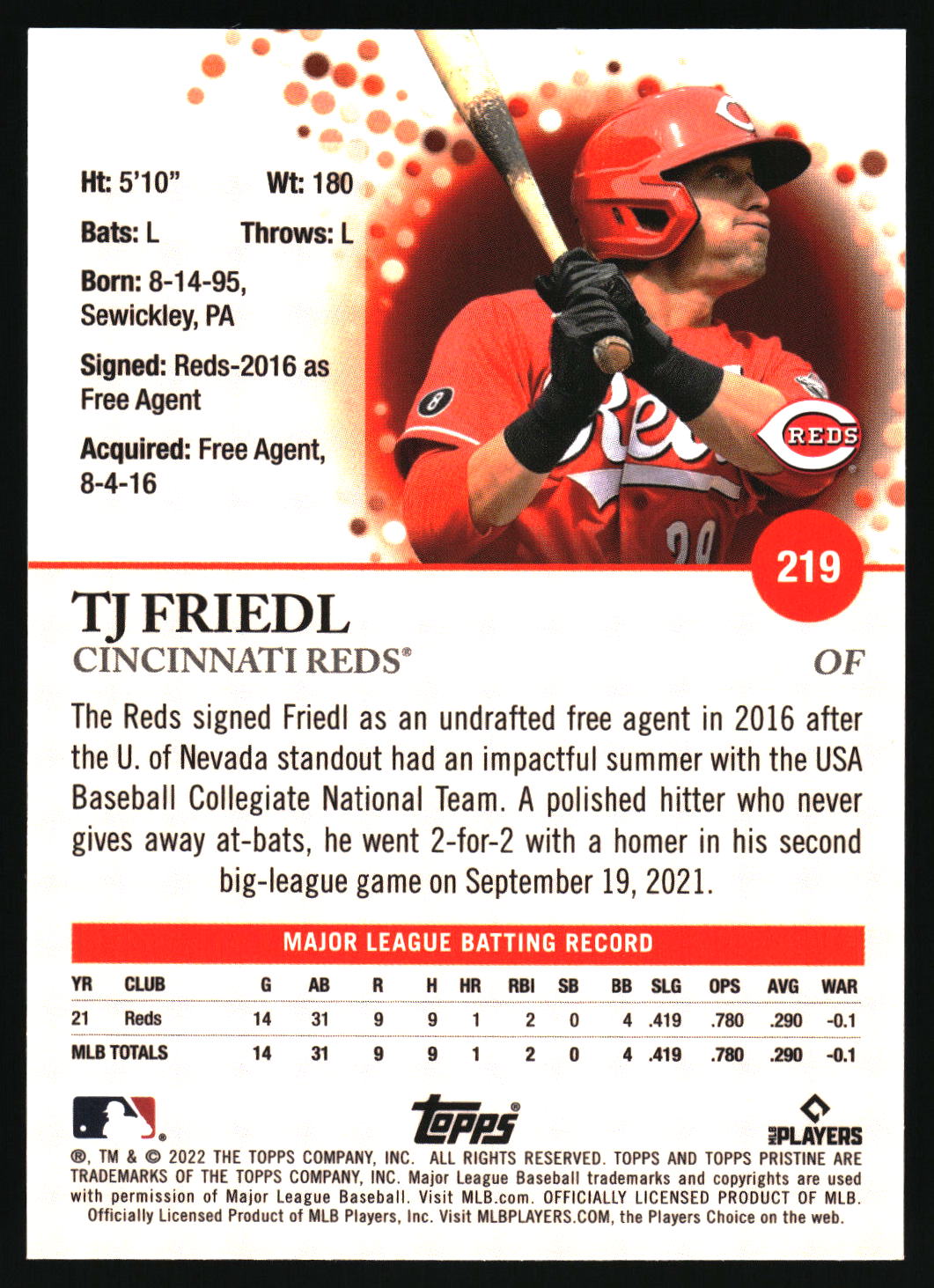 2022 Topps Pristine #219 TJ Friedl