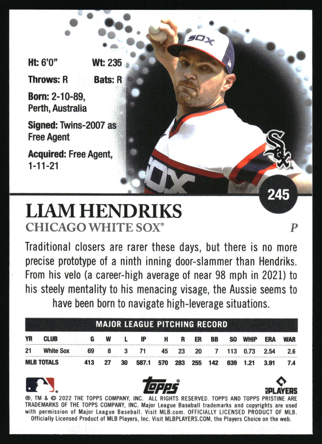 2022 Topps Pristine #245 Liam Hendriks