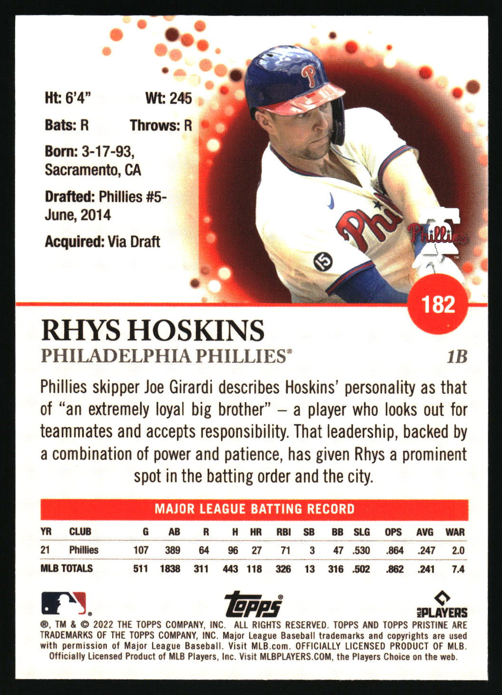 2022 Topps Pristine #182 Rhys Hoskins