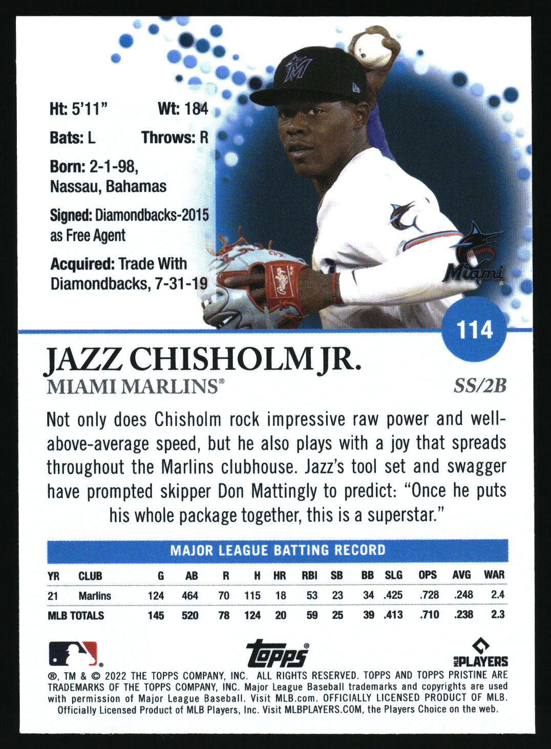 2022 Topps Pristine #114 Jazz Chisholm Jr. Refractor