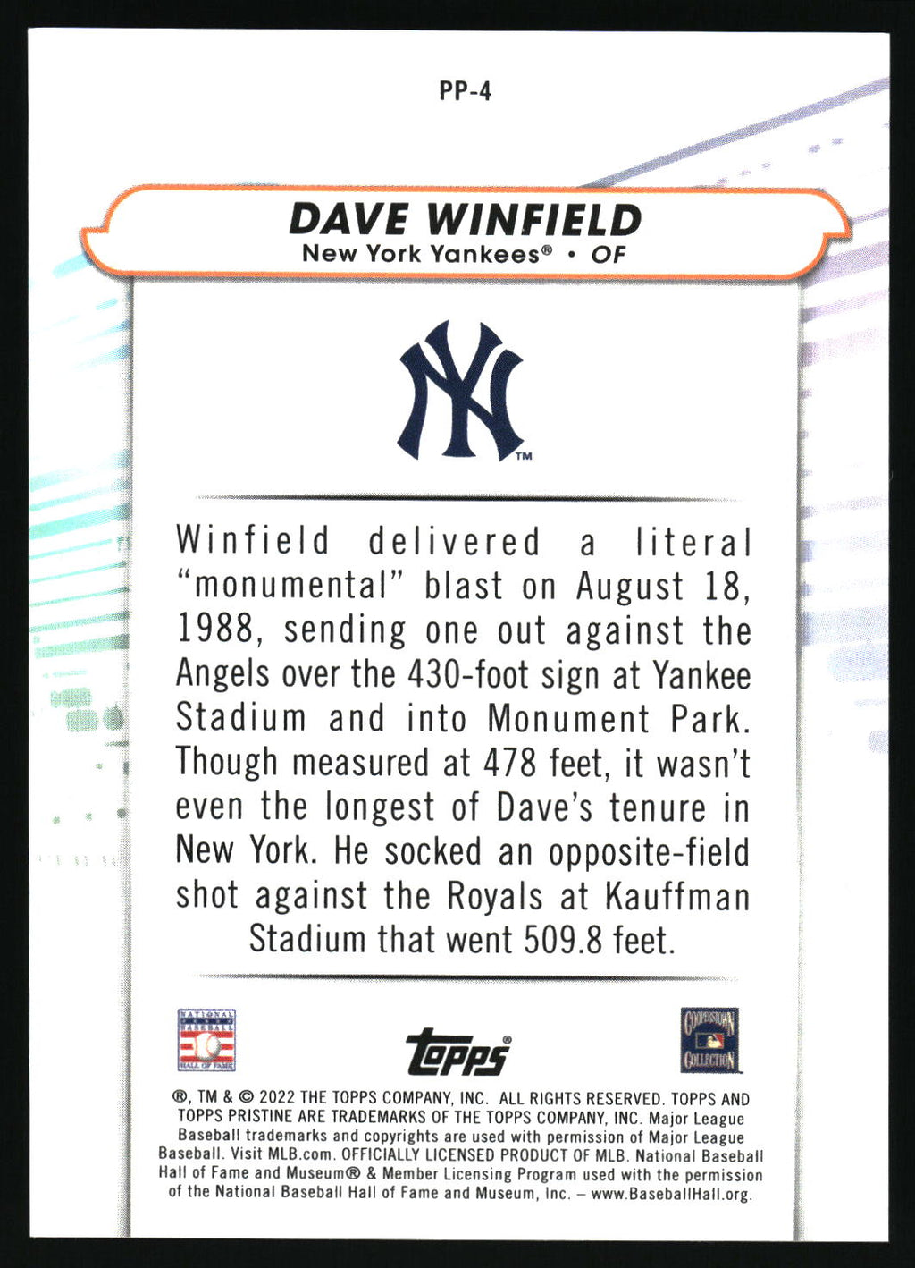 2022 Topps Pristine #PP-4 Dave Winfield Pure Power