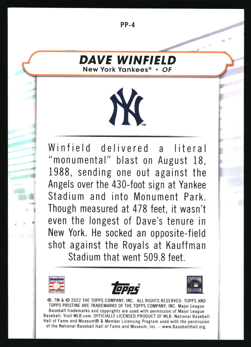 2022 Topps Pristine #PP-4 Dave Winfield Pure Power