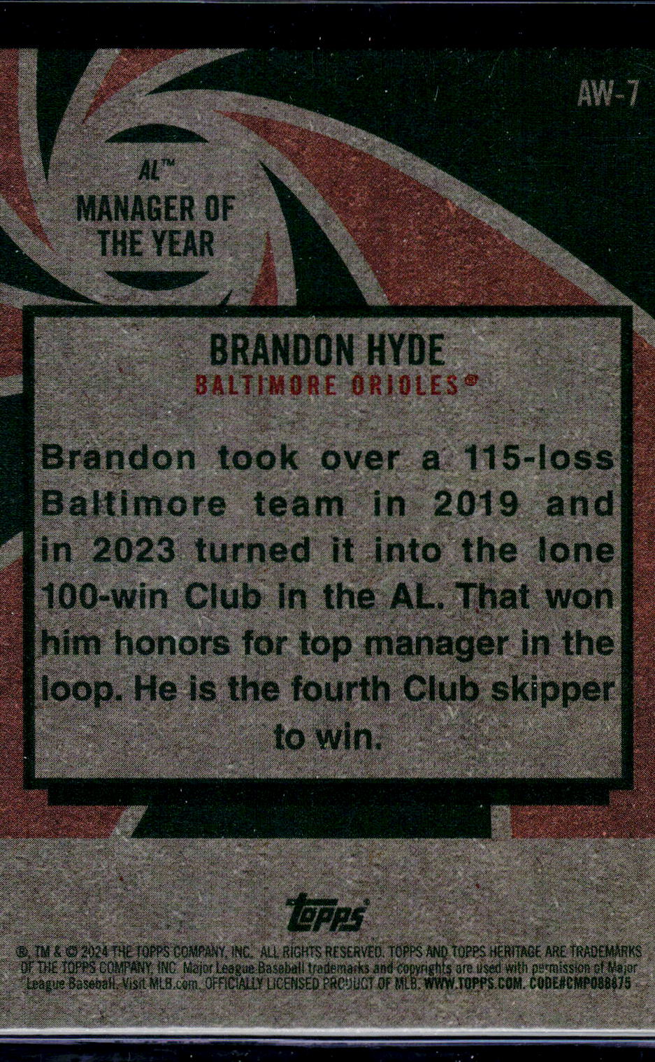 2024 Topps Heritage #AW-7 Brandon Hyde Award Winners