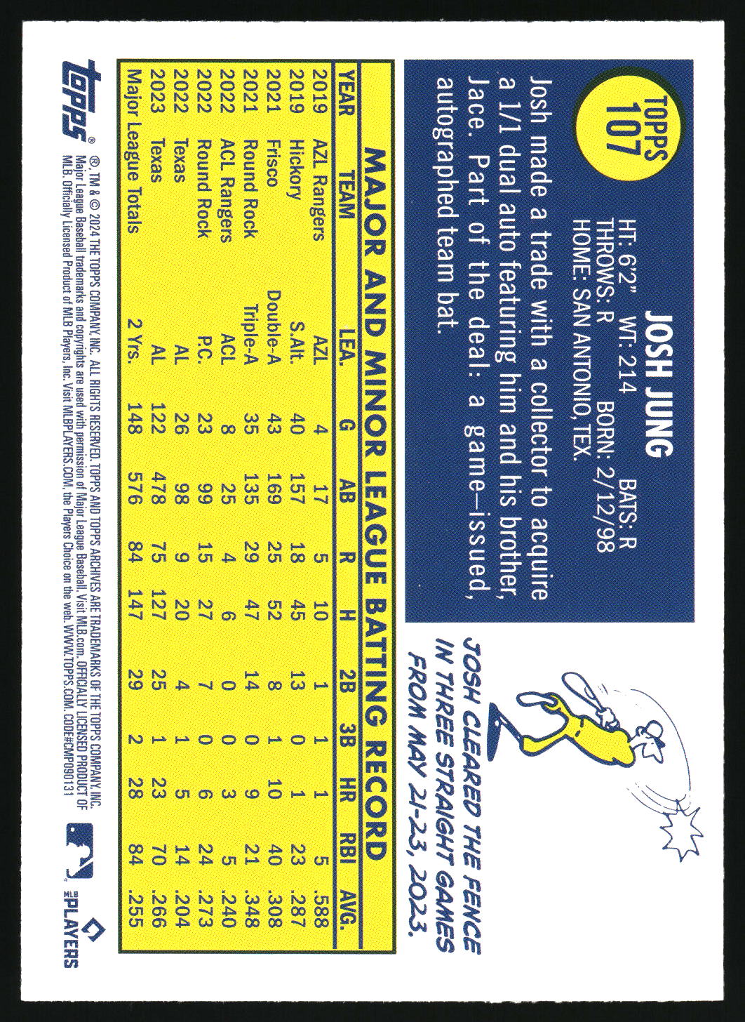 2024 Topps Archives #107 Josh Jung Yellow Foilboard