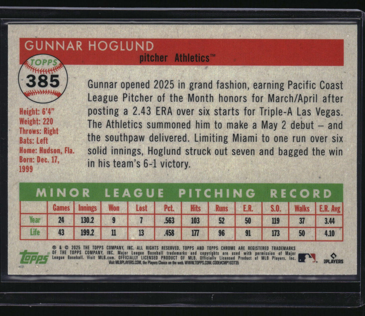 2025 Topps Chrome Platinum #385 Gunnar Hoglund Green Vibrations Refractor #/99