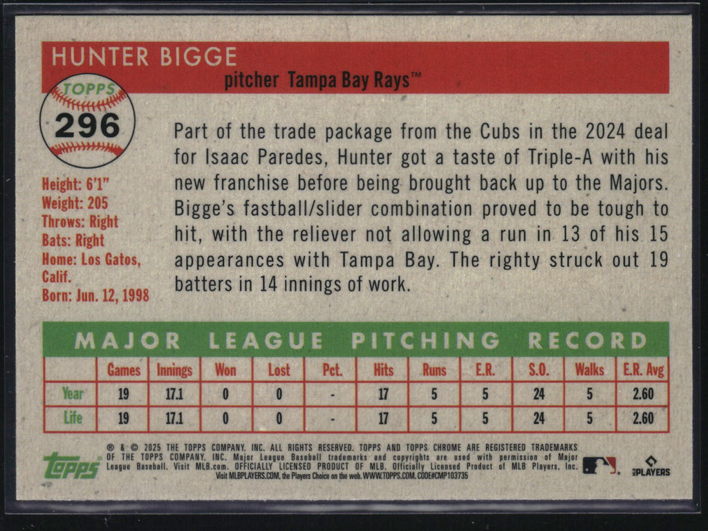 2025 Topps Chrome Platinum #296 Hunter Bigge Vibrations Refractor #/250