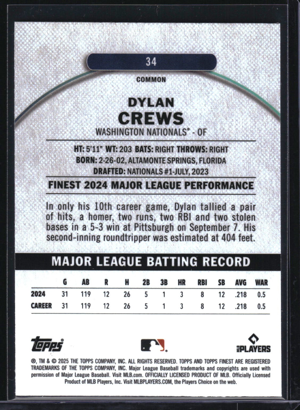 2025 Finest #34 Dylan Crews Blue Refractor #/200