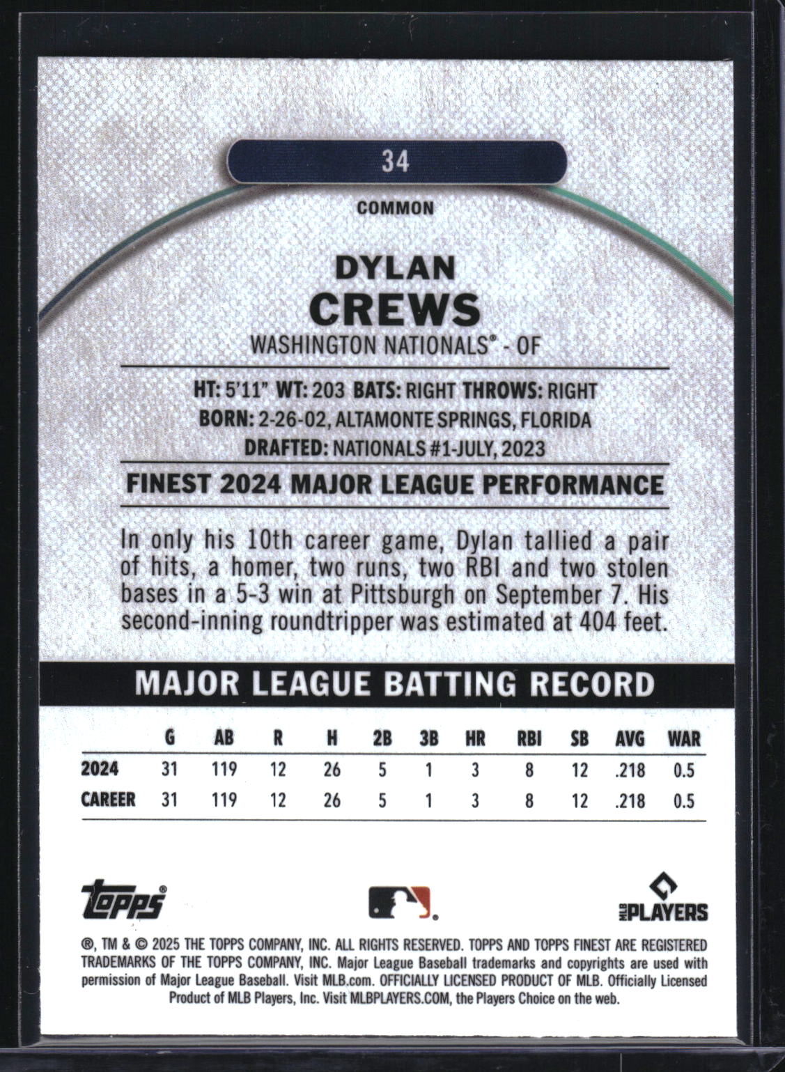 2025 Finest #34 Dylan Crews Blue Refractor #/200