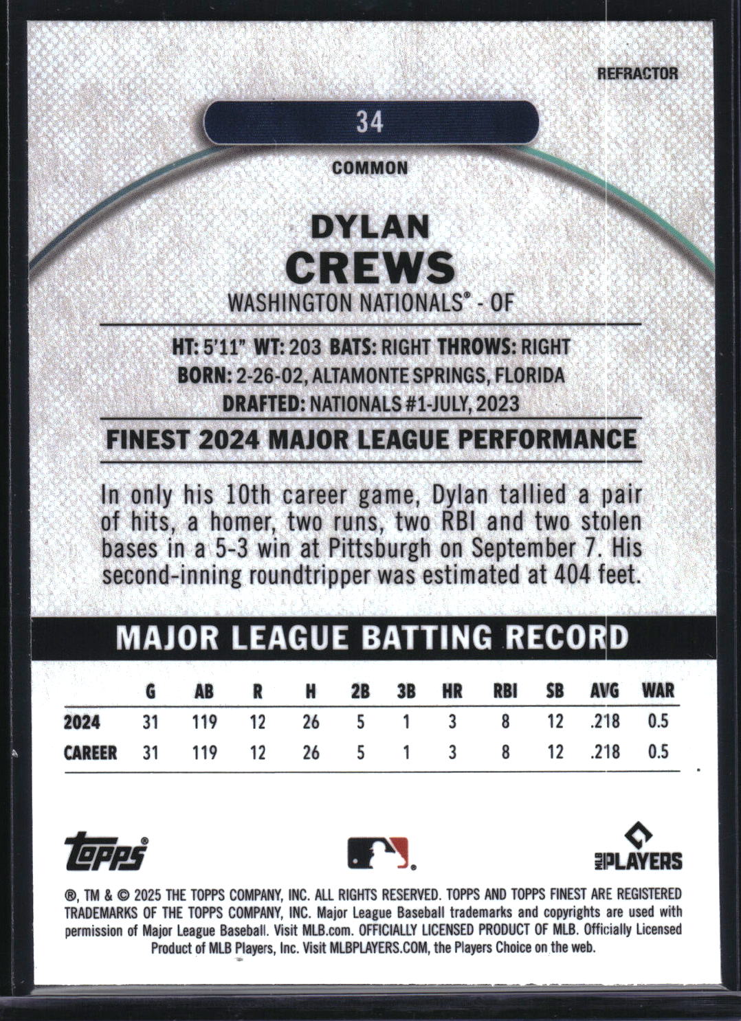 2025 Finest #34 Dylan Crews Refractor