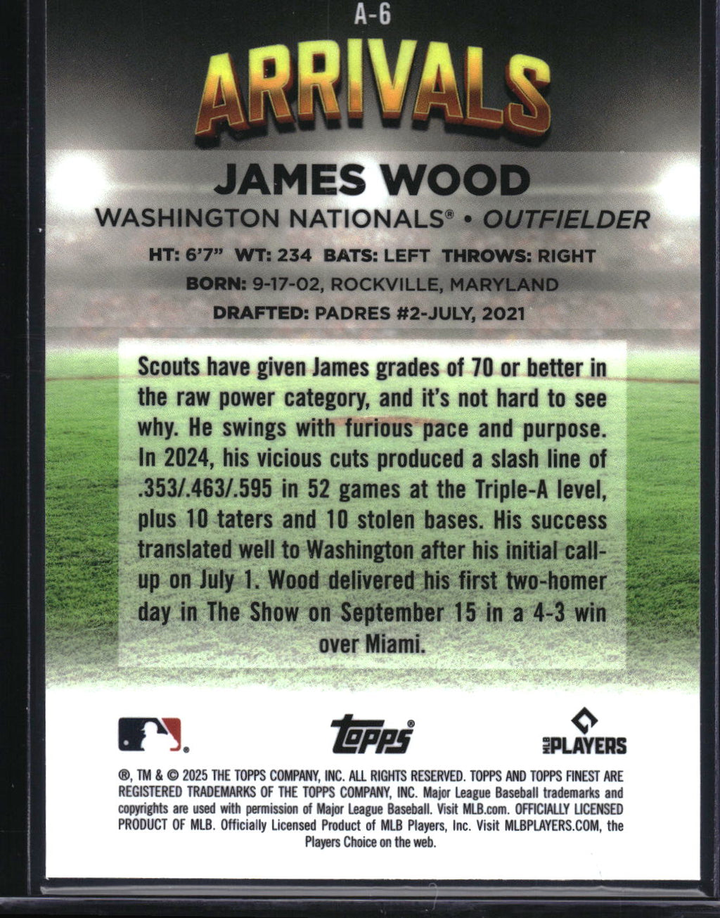 2025 Finest #A-6 James Wood Arrivals