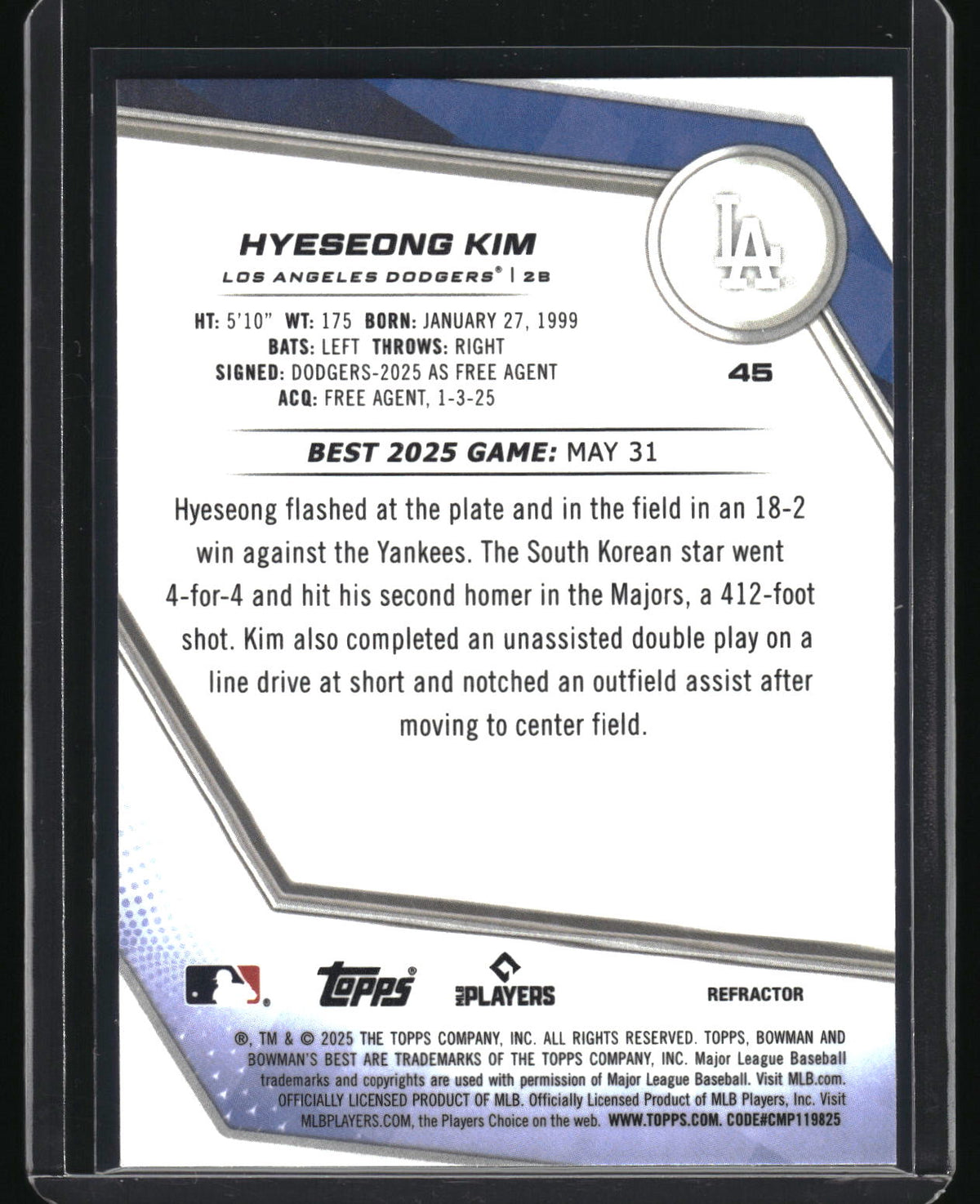 2025 Bowman's Best #45 Hyeseong Kim Refractor