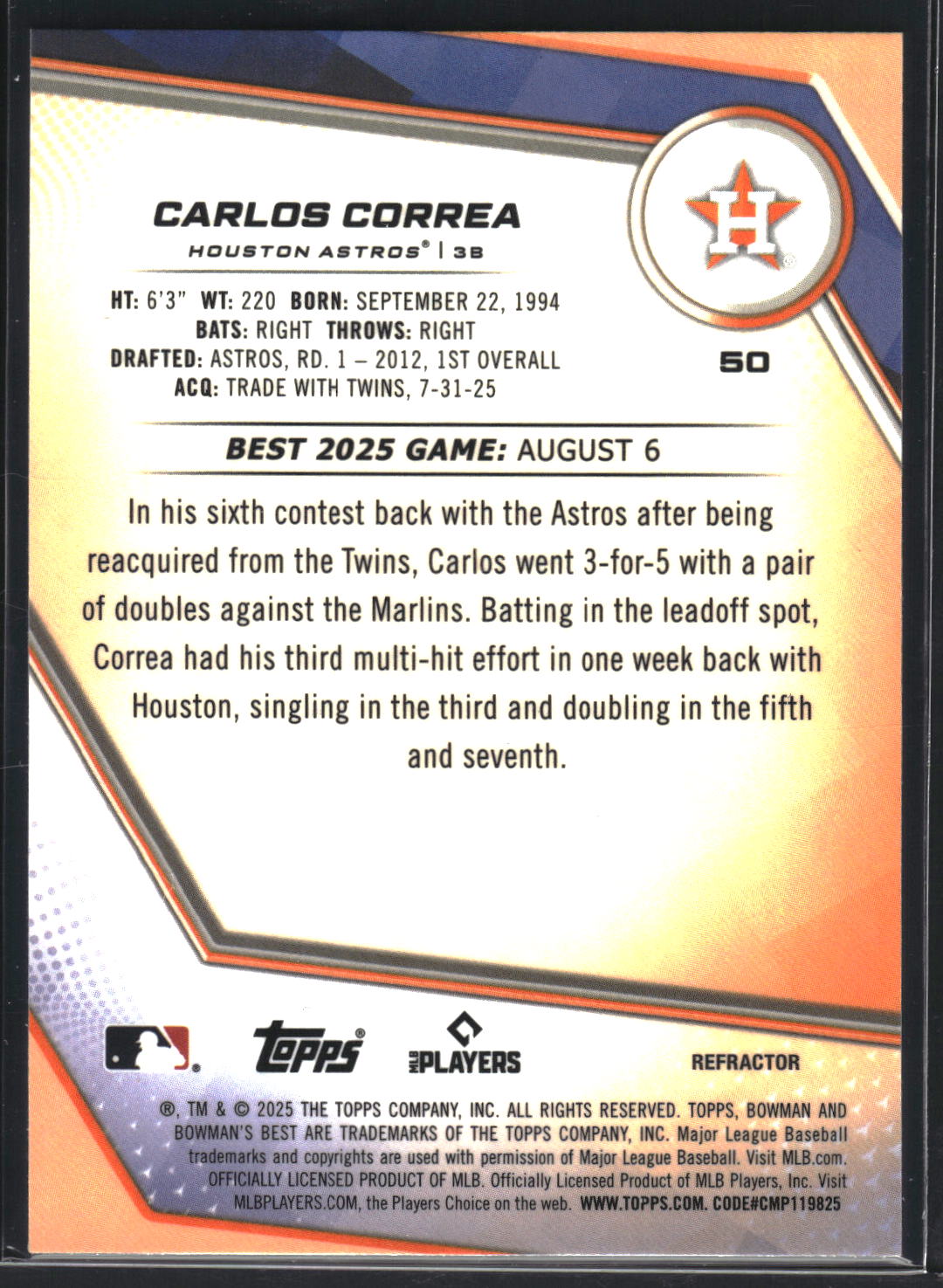 2025 Bowman's Best #50 Carlos Correa Refractor