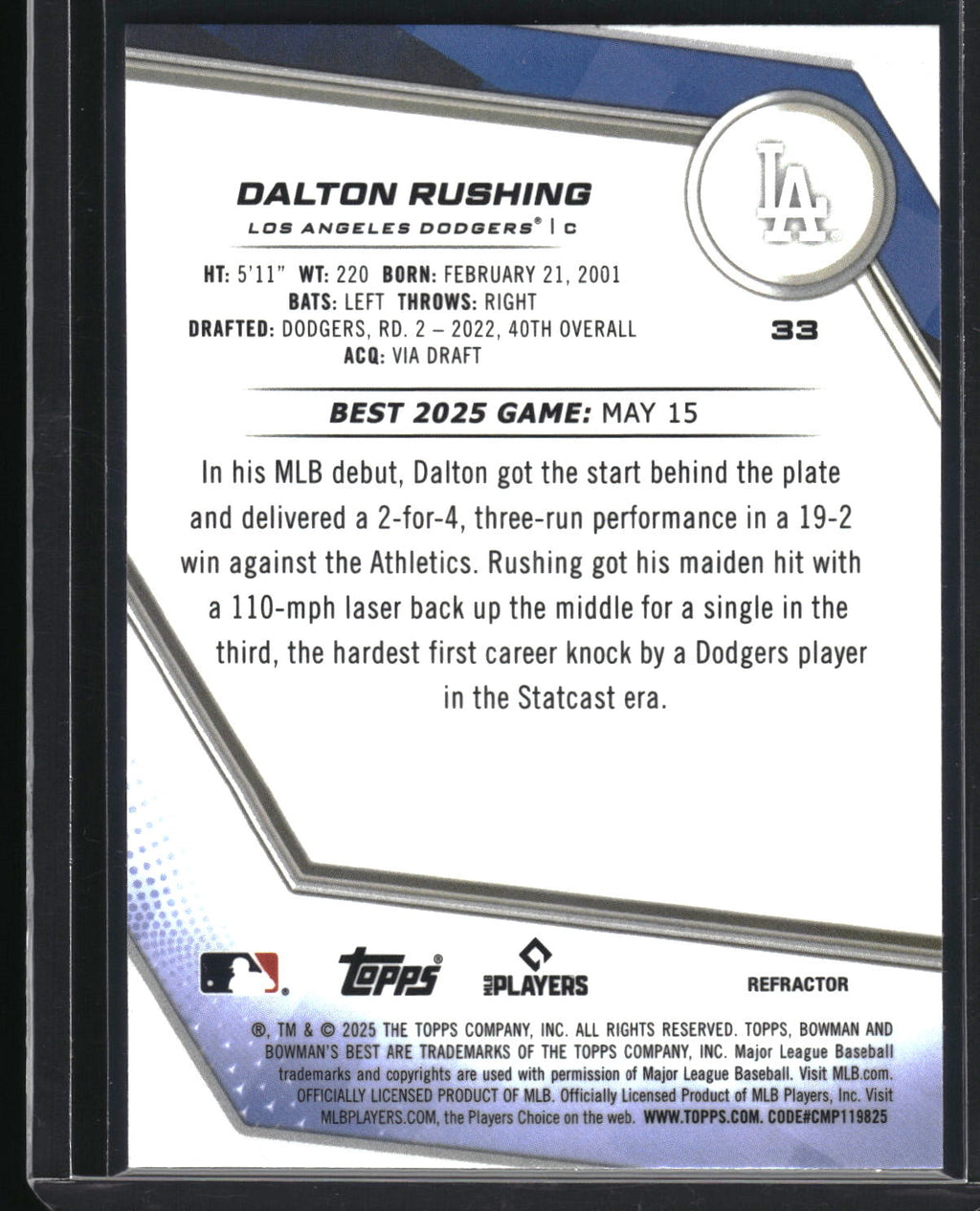 2025 Bowman's Best #33 Dalton Rushing Refractor