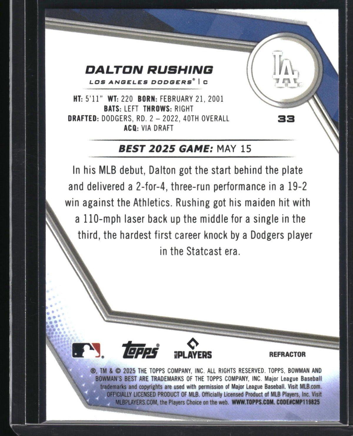 2025 Bowman's Best #33 Dalton Rushing Refractor