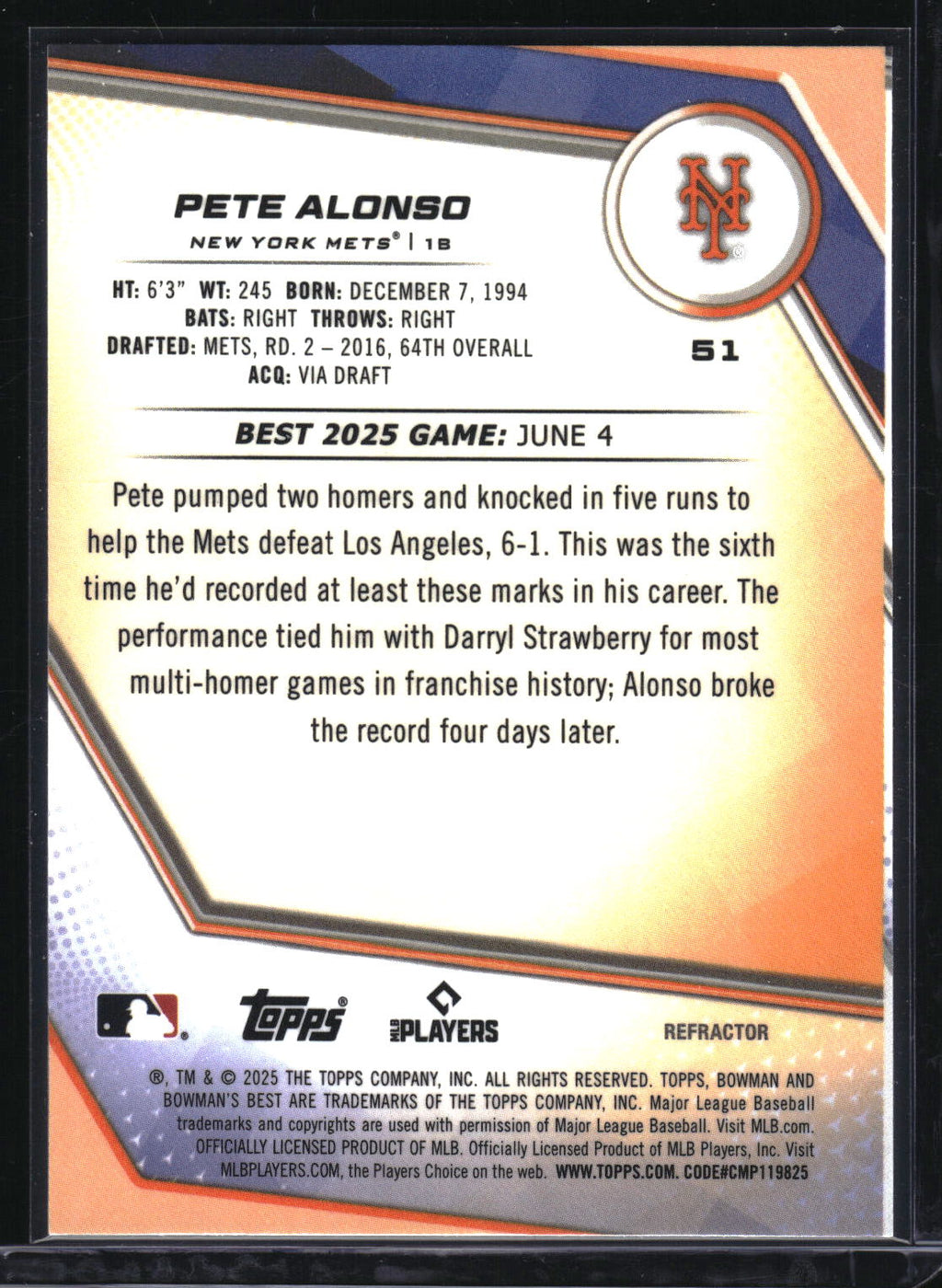2025 Bowman's Best #51 Pete Alonso Refractor