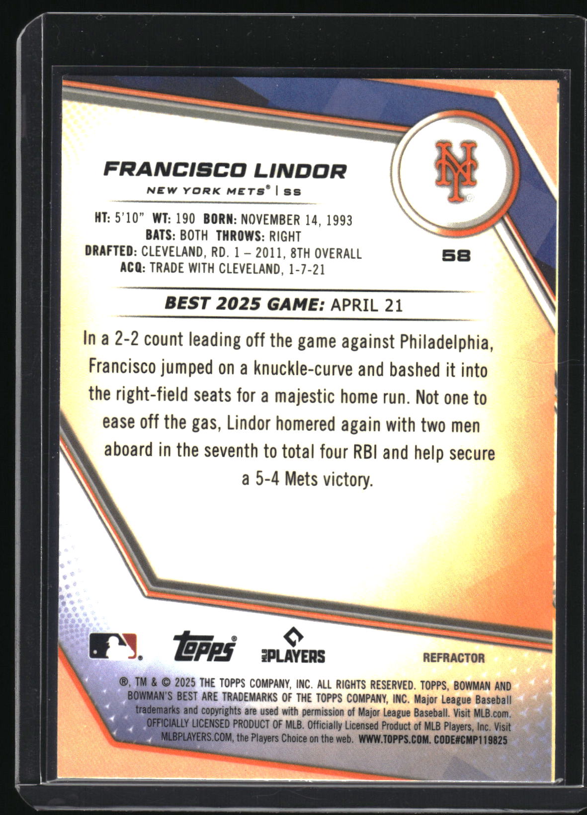 2025 Bowman's Best #58 Francisco Lindor Refractor