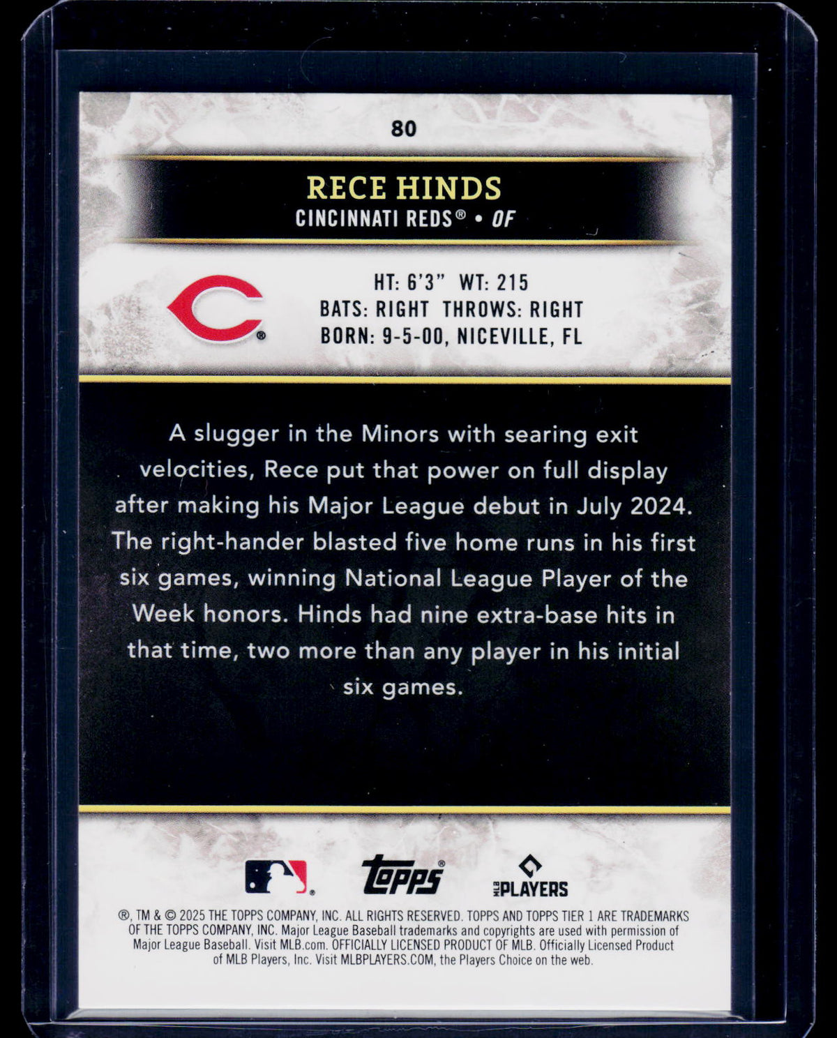 2025 Topps Tier One #80 Rece Hinds Blue Foil #/125