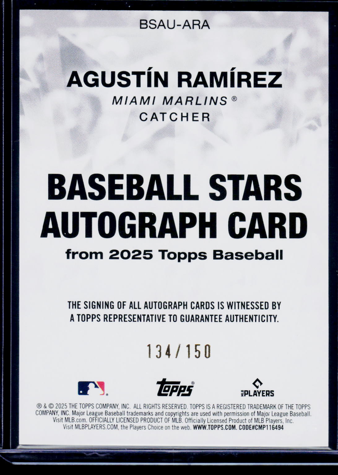2025 Topps Update #BSAU-ARA Agustín Ramírez Baseball Stars Auto Blue #/150