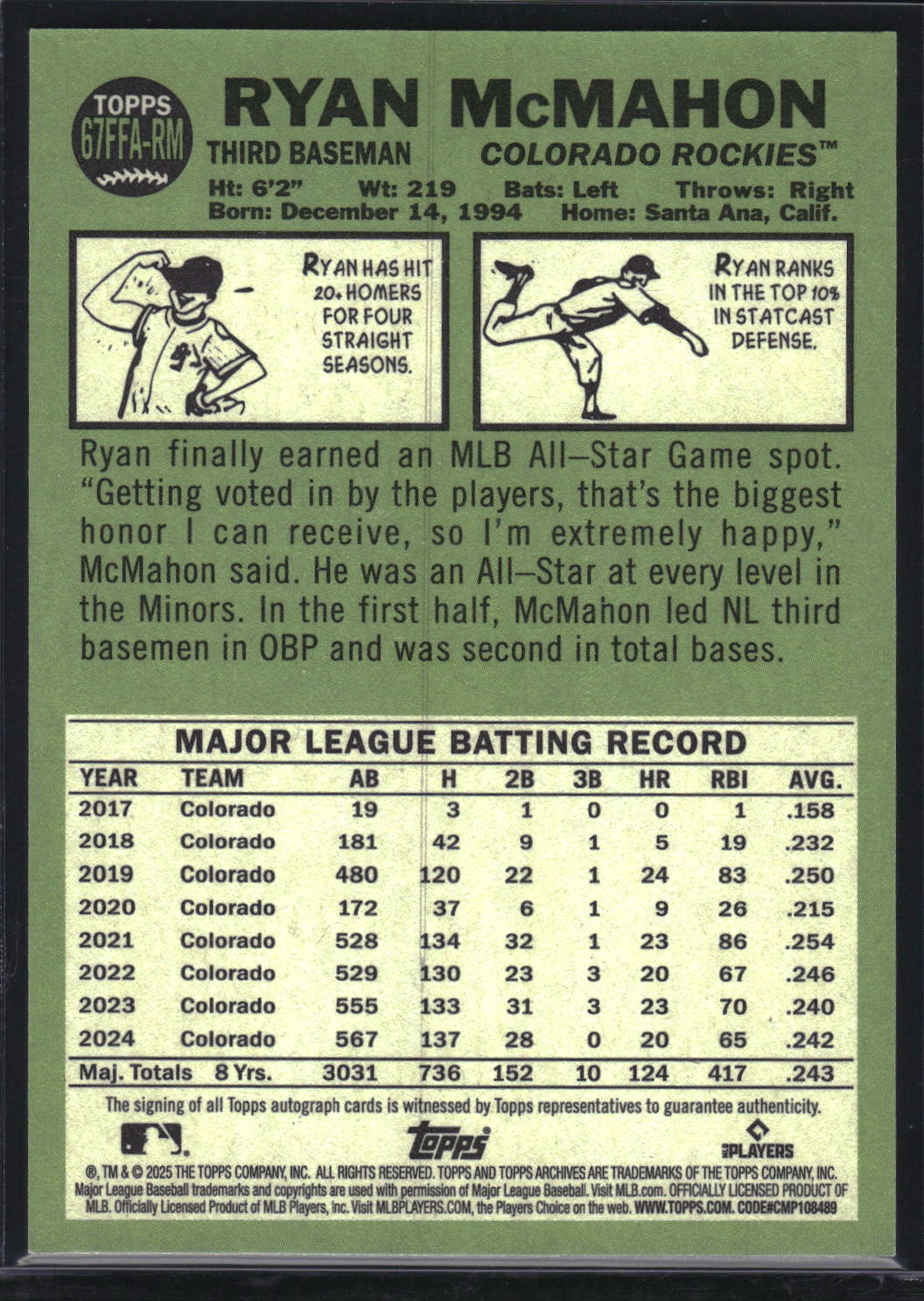 2025 Topps Archives #67FFA-RM Ryan McMahon 1967 Topps Fan Favorites Autographs