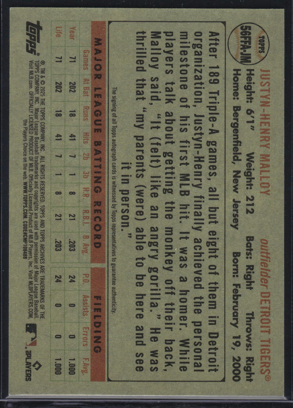 2025 Topps Archives #56FFA-JM Justyn-Henry Malloy 1956 Topps Fan Favorites Auto