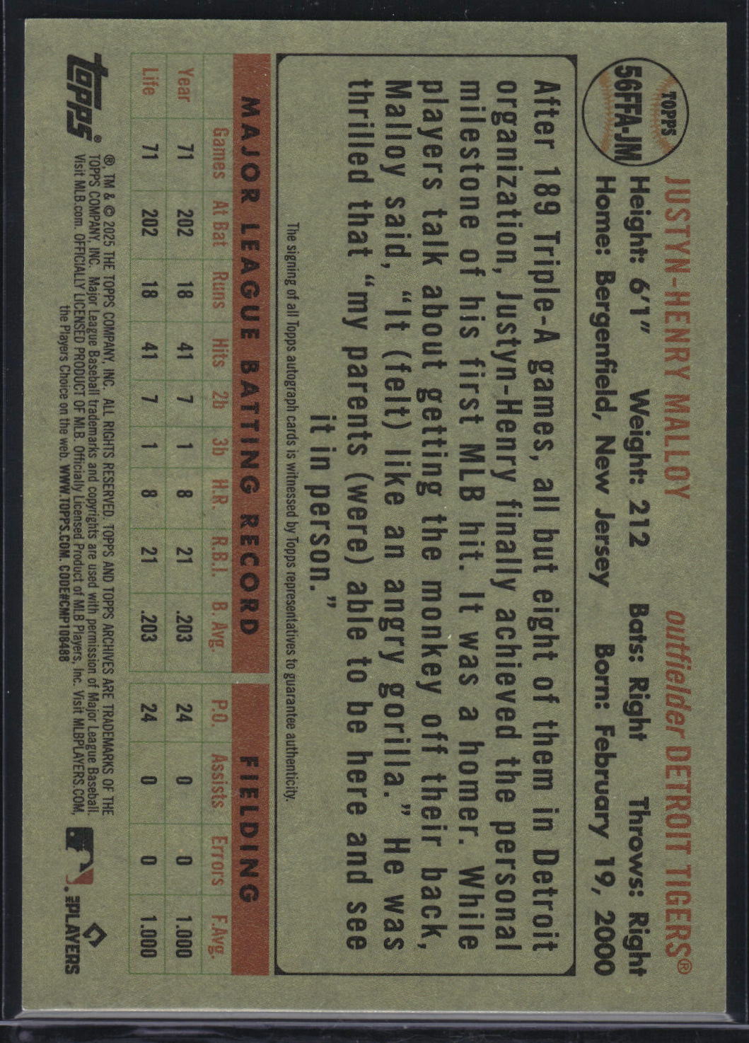 2025 Topps Archives #56FFA-JM Justyn-Henry Malloy 1956 Topps Fan Favorites Auto