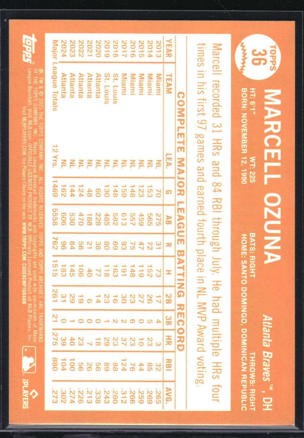 2025 Topps Archives #36 Marcell Ozuna Rainbow Foilboard #/149
