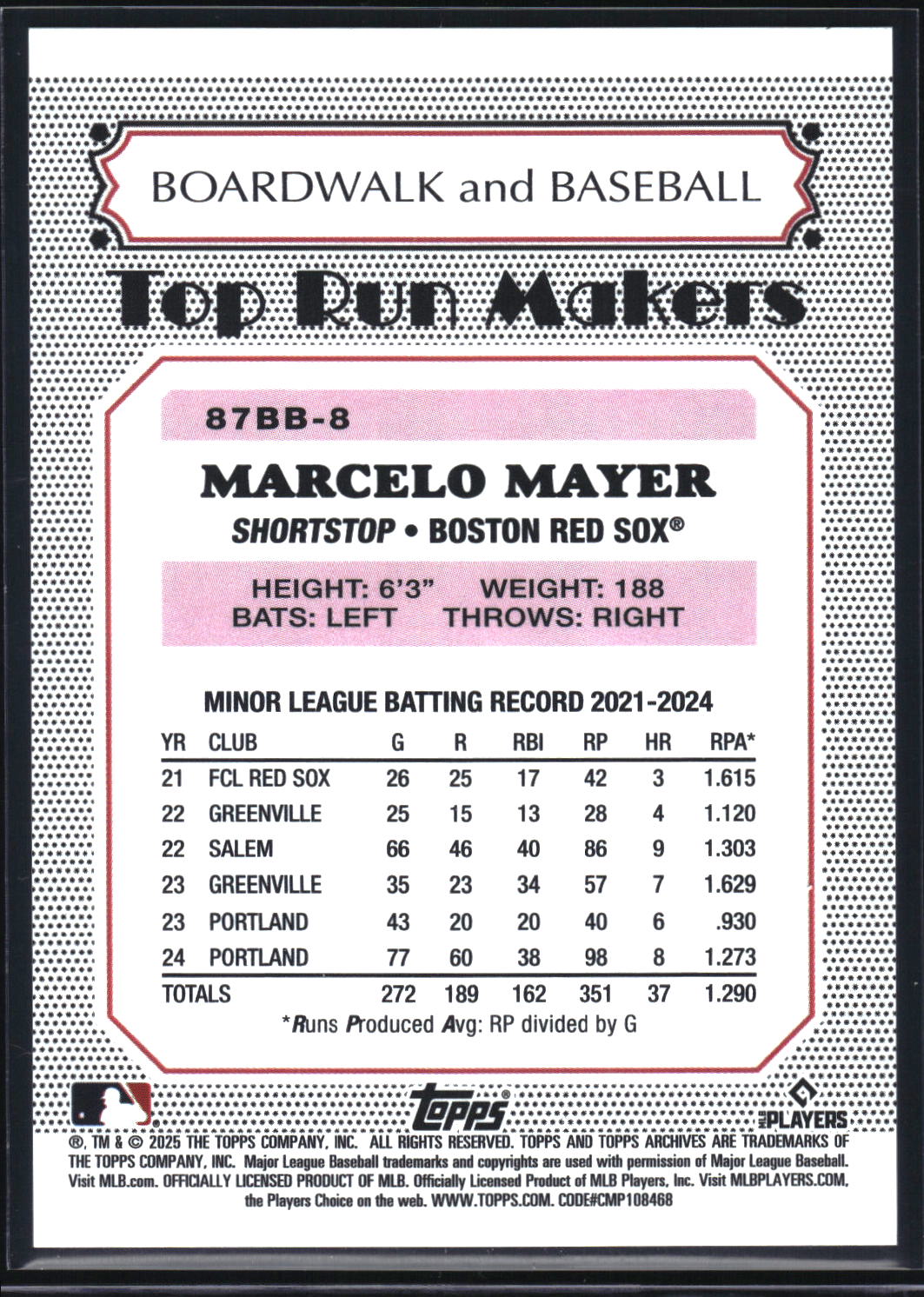 2025 Topps Archives #87BB-8 Marcelo Mayer Boardwalk and Baseball Green Foil #/99