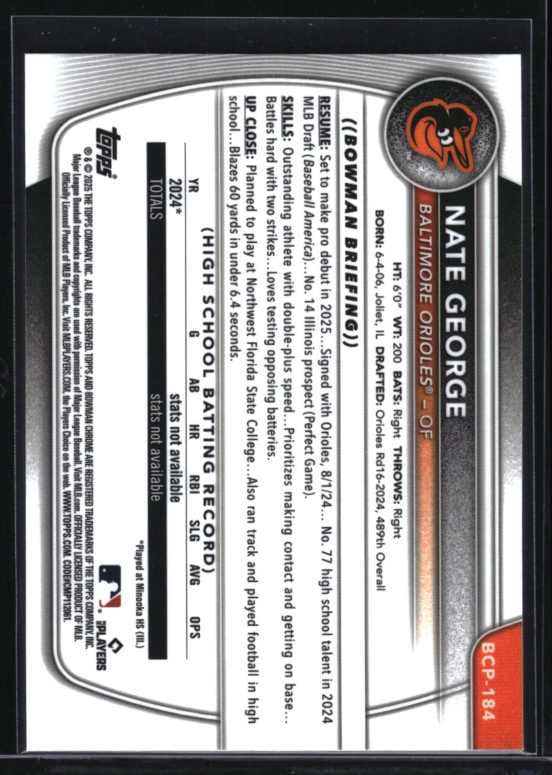 2025 Bowman Chrome #BCP-184 Nate George Prospects