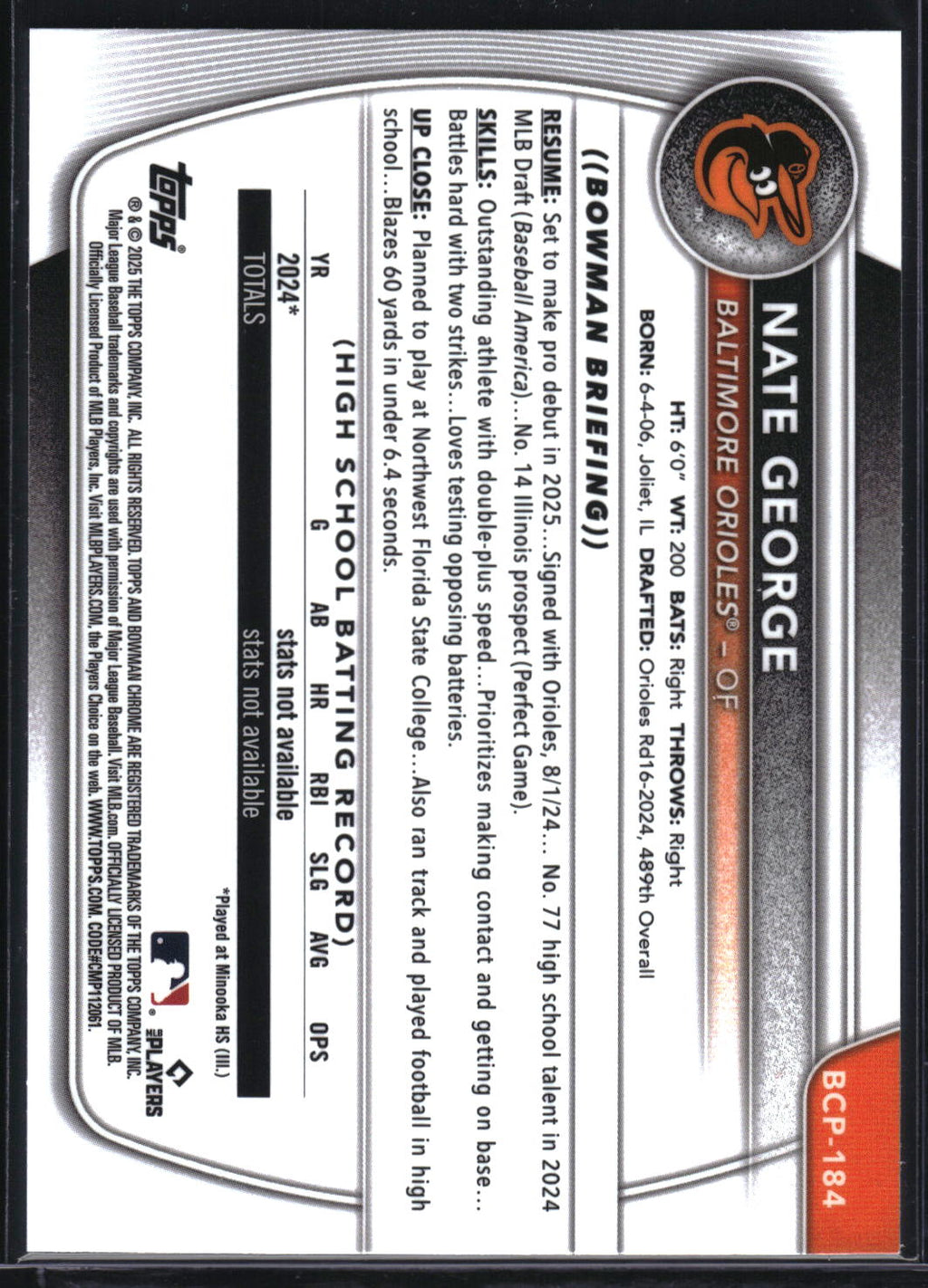 2025 Bowman Chrome Sapphire Edition #BCP-184 Nate George Prospects