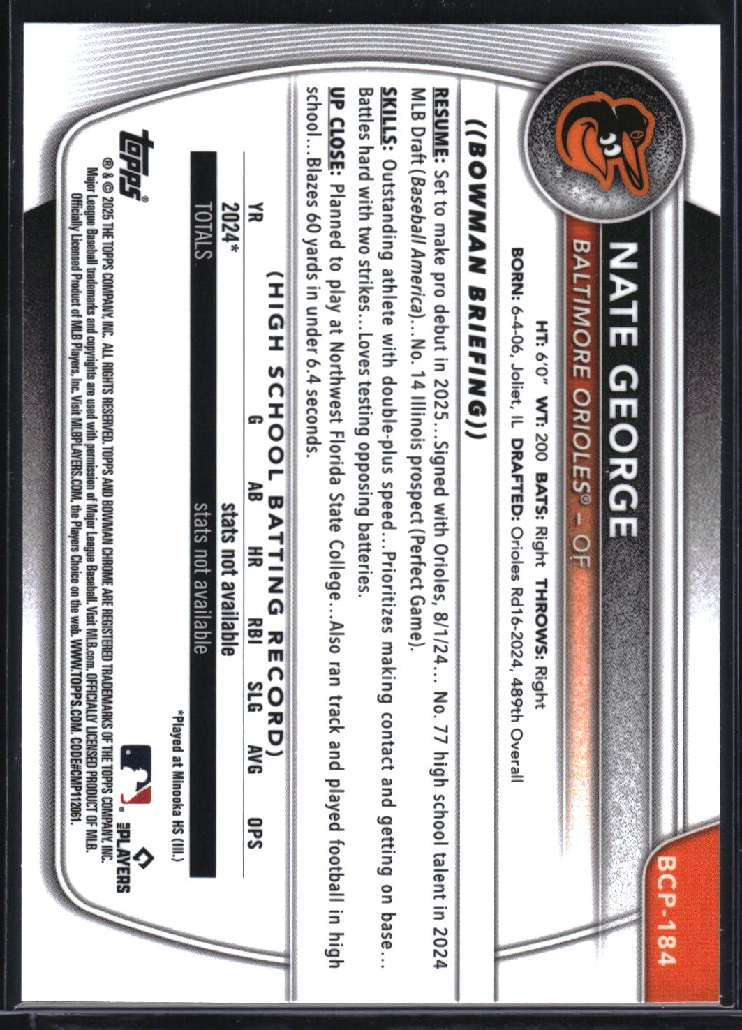 2025 Bowman Chrome Sapphire Edition #BCP-184 Nate George Prospects