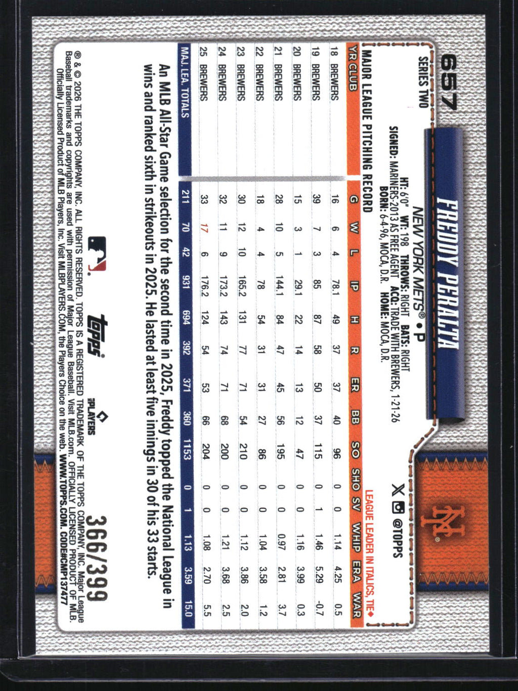 2026 Topps #657 Freddy Peralta Yellow Rainbow Foil #/399