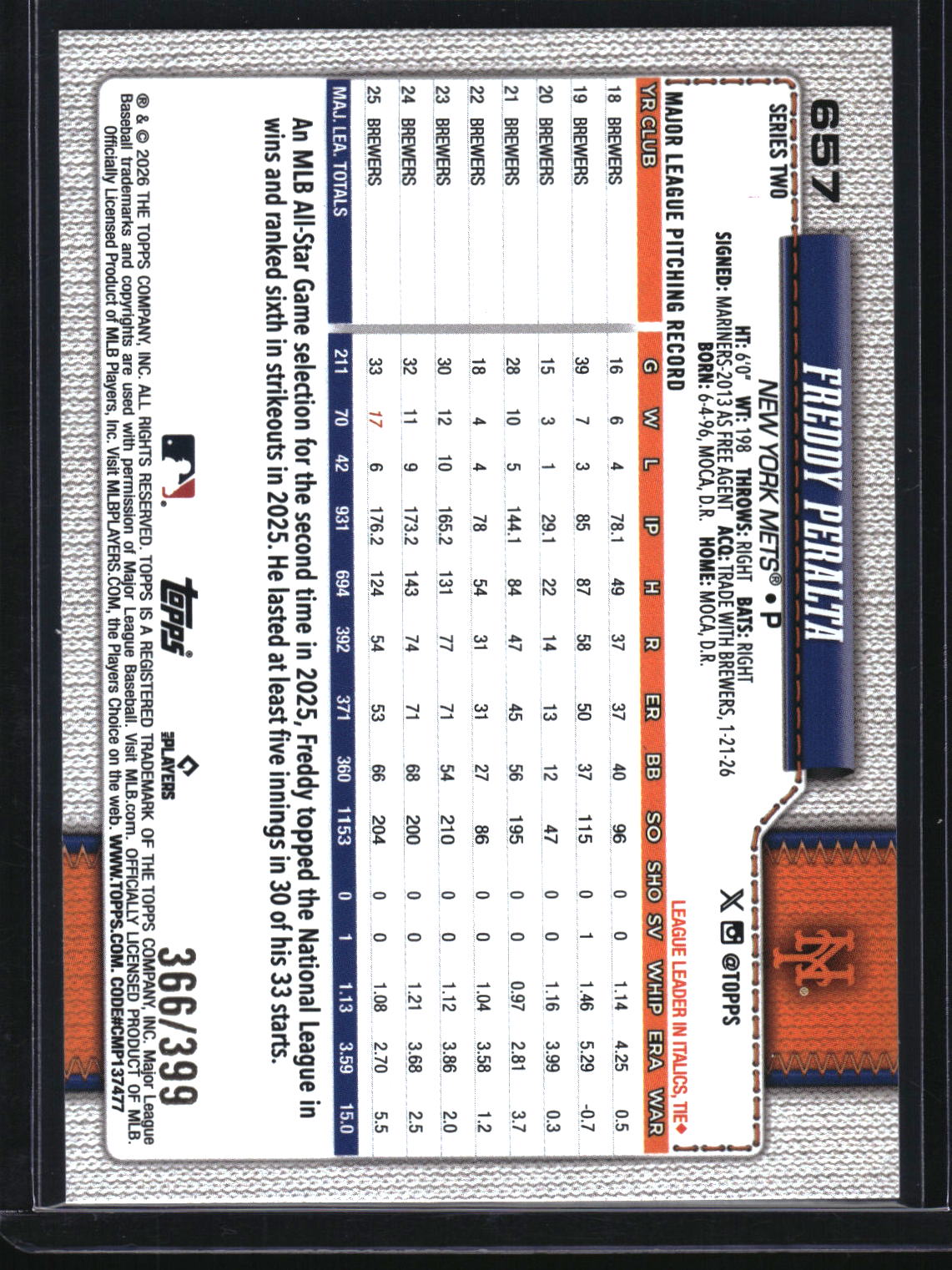 2026 Topps #657 Freddy Peralta Yellow Rainbow Foil #/399