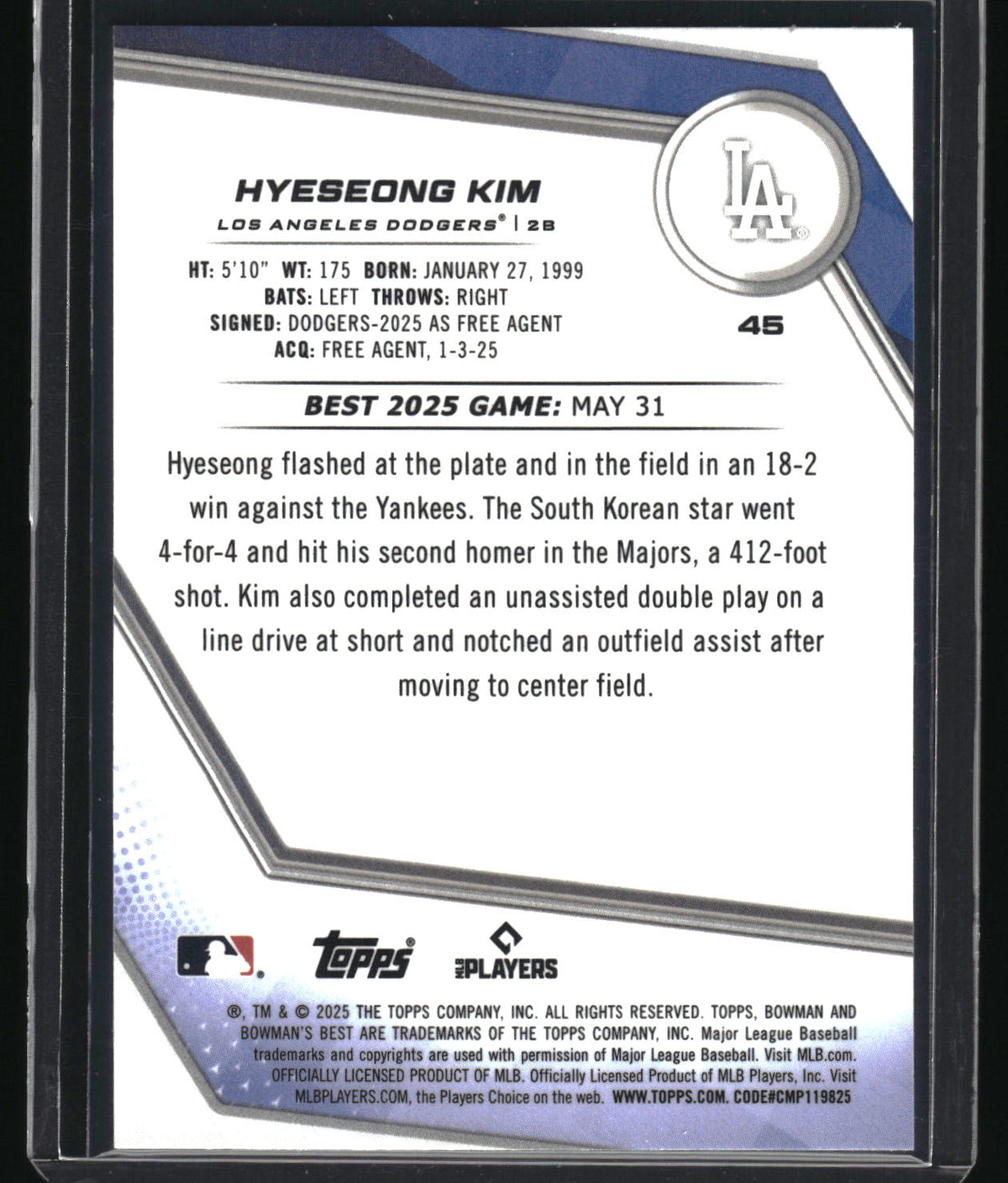 2025 Bowman's Best #45 Hyeseong Kim Blue Refractor #/150