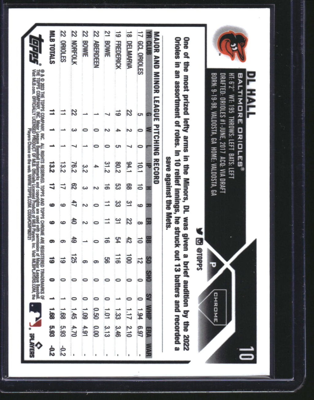 2023 Topps Chrome #10 DL Hall Gold Refractor #/50