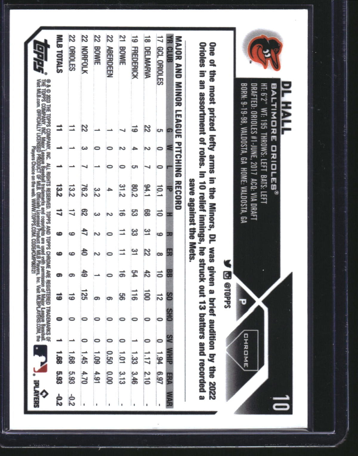 2023 Topps Chrome #10 DL Hall Gold Refractor #/50