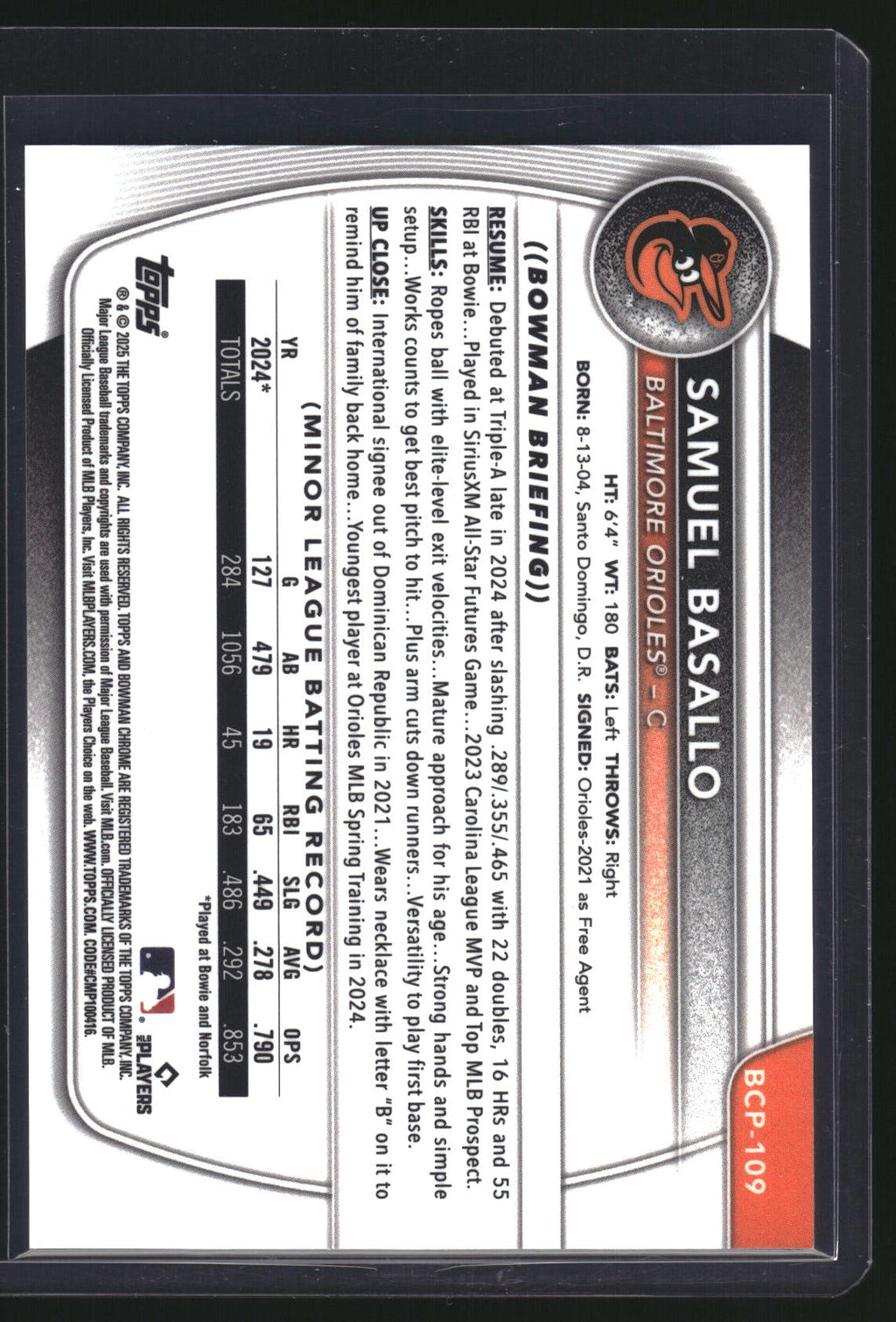 2025 Bowman Chrome BCP-109 Samuel Basallo Purple Geometric /250