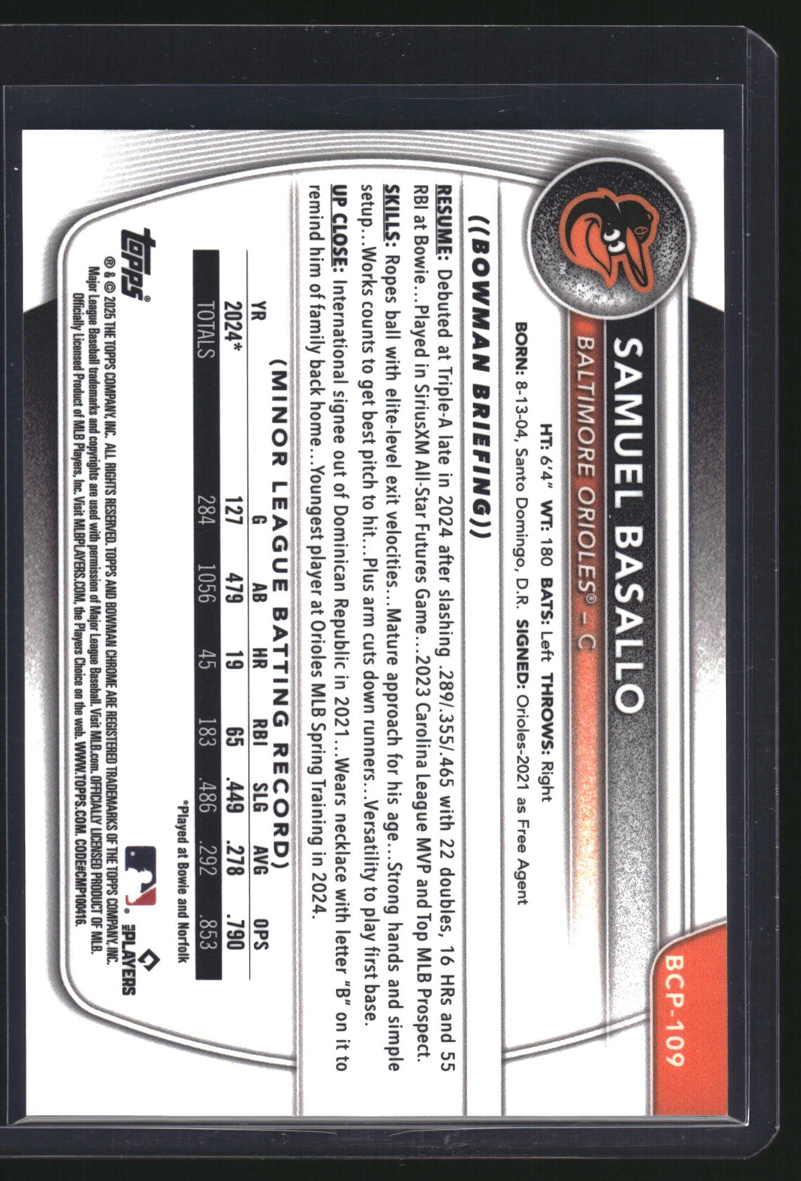 2025 Bowman Chrome BCP-109 Samuel Basallo Purple Geometric /250