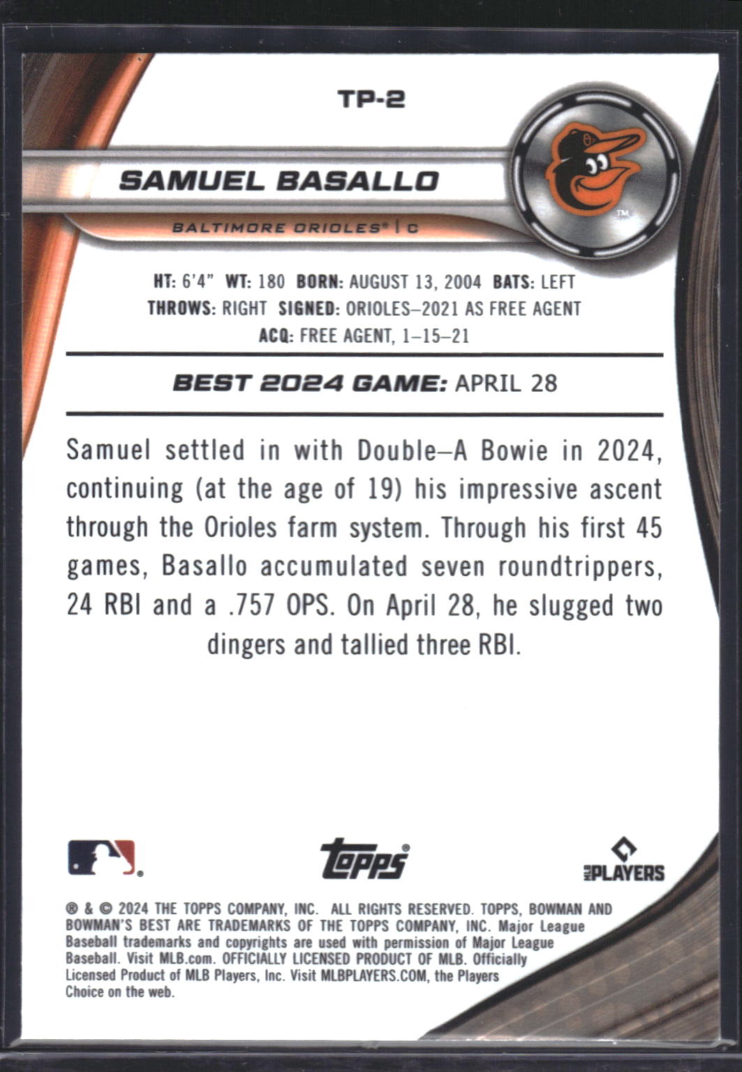 2024 Bowman's Best #TP-2 Samuel Basallo Prospects Wave Refractor