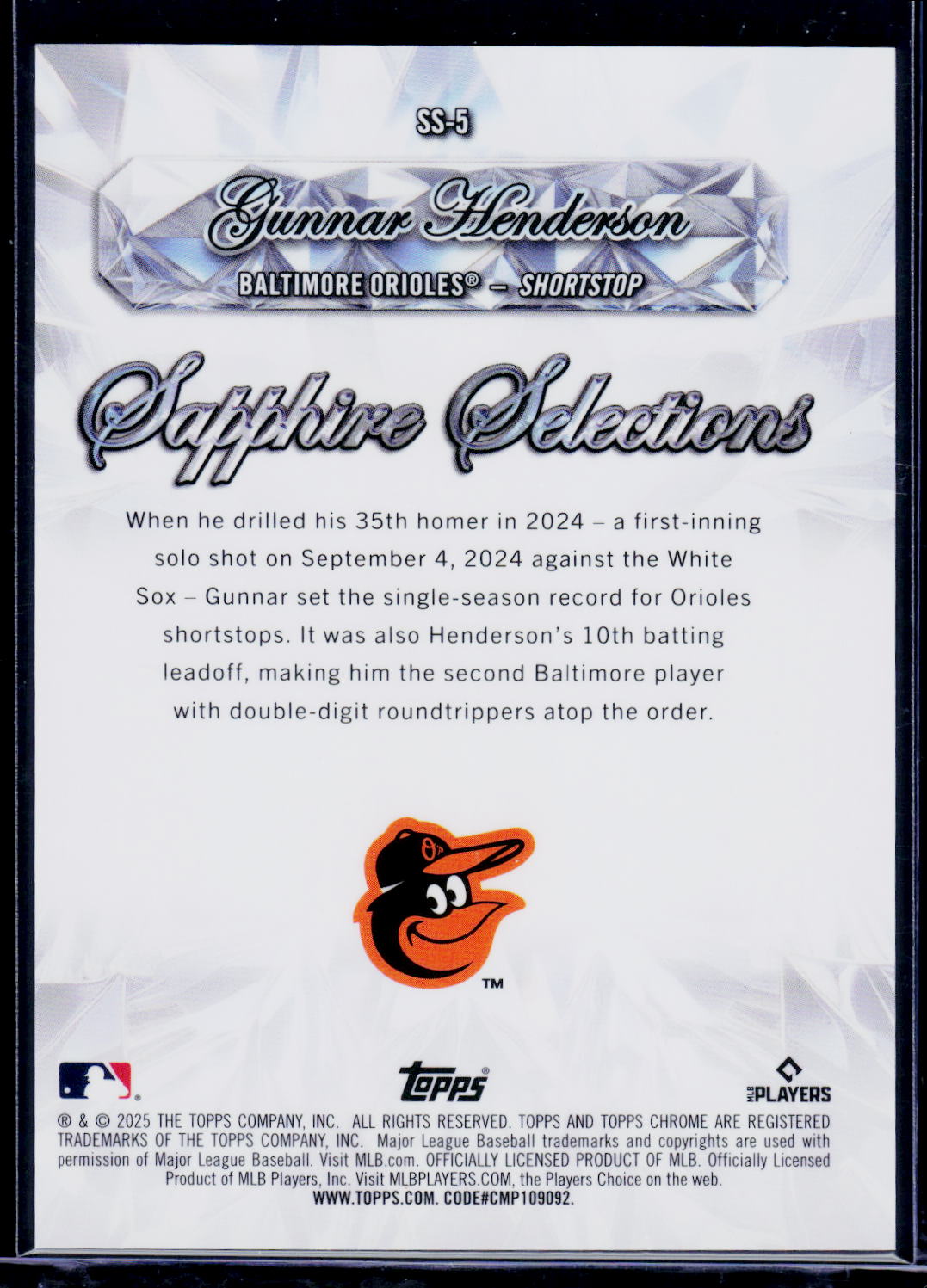 2025 Topps Chrome Sapphire #SS-5 Gunnar Henderson Sapphire Selections Gold #/50