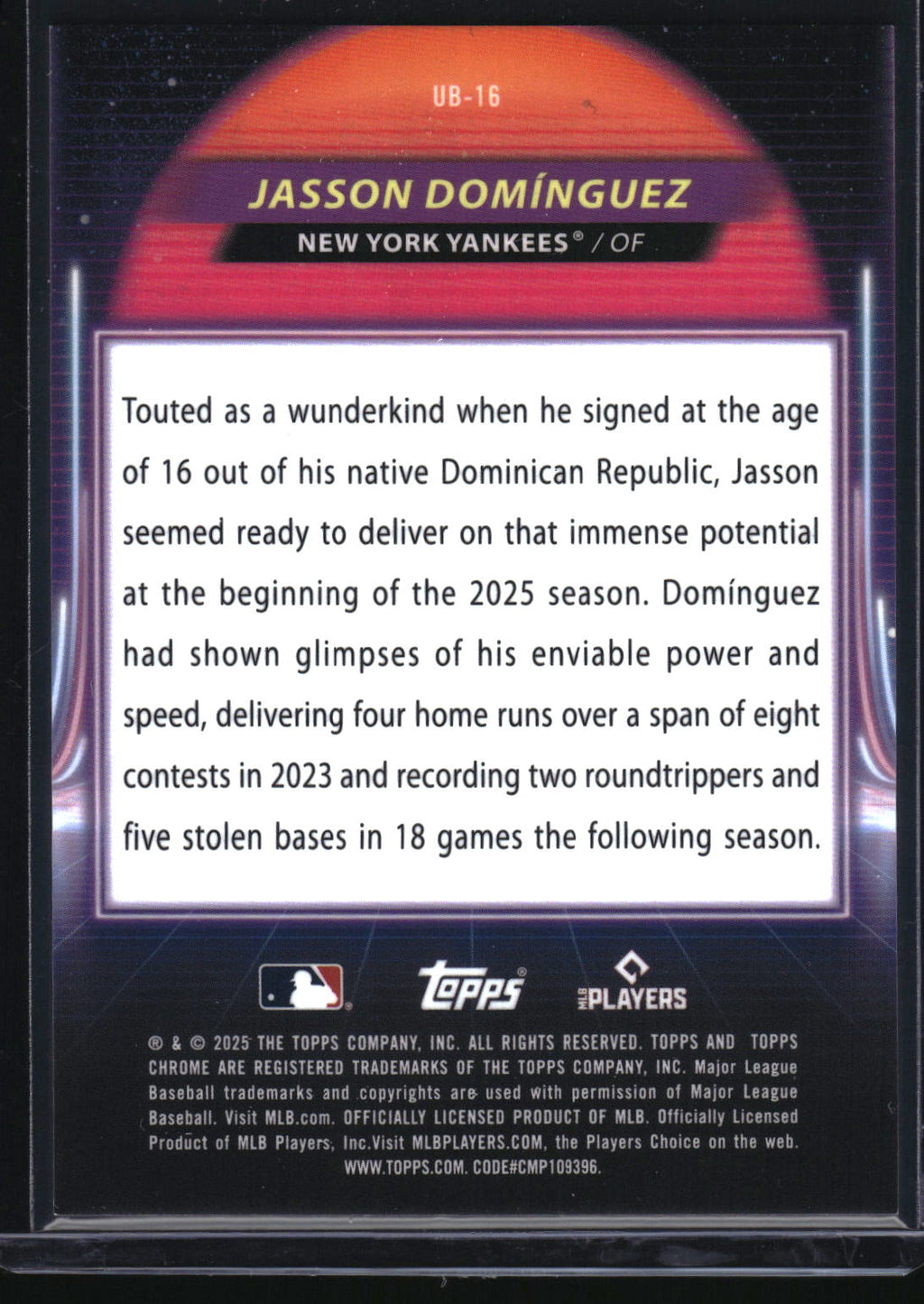 2025 Topps Chrome Cosmic UB-16 Jasson Domínguez Ultraviolet Beam Green Dust /75