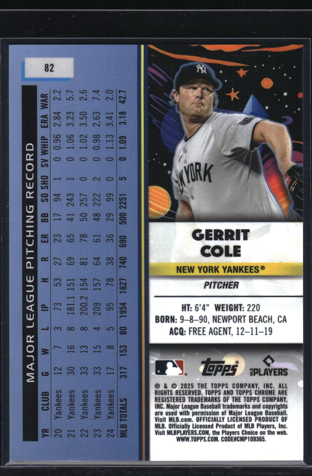 2025 Topps Chrome Cosmic #82 Gerrit Cole Gold Interstellar Refractor #/50