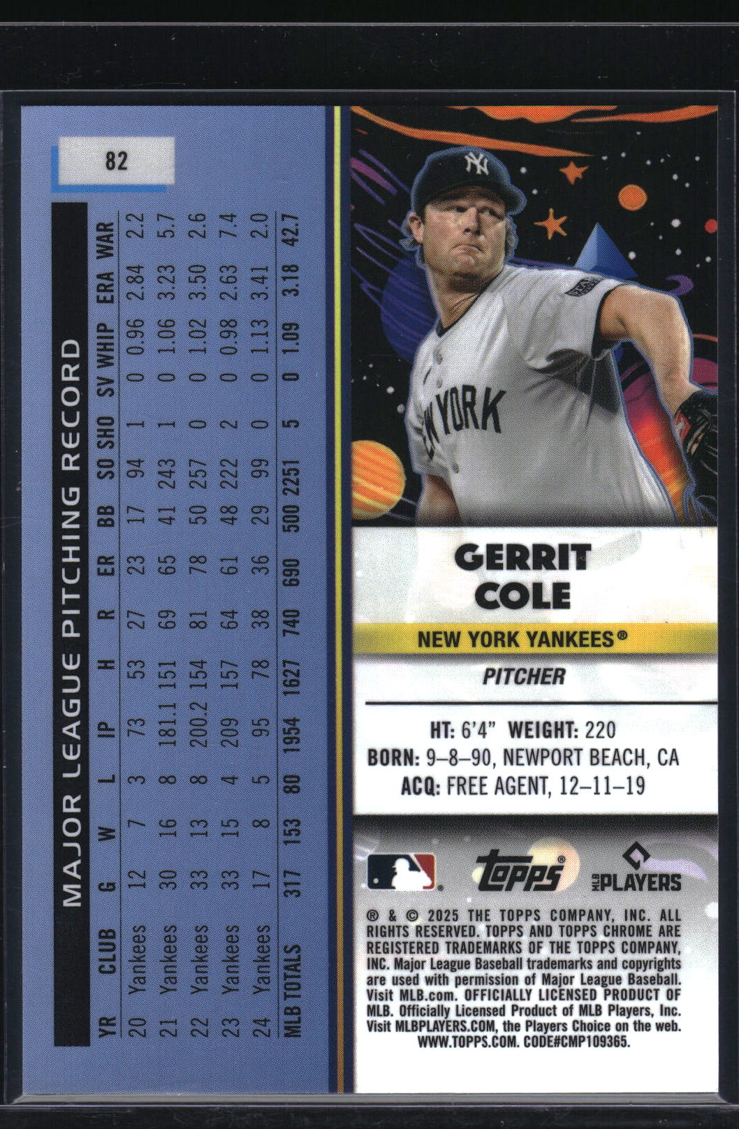 2025 Topps Chrome Cosmic #82 Gerrit Cole Gold Interstellar Refractor #/50