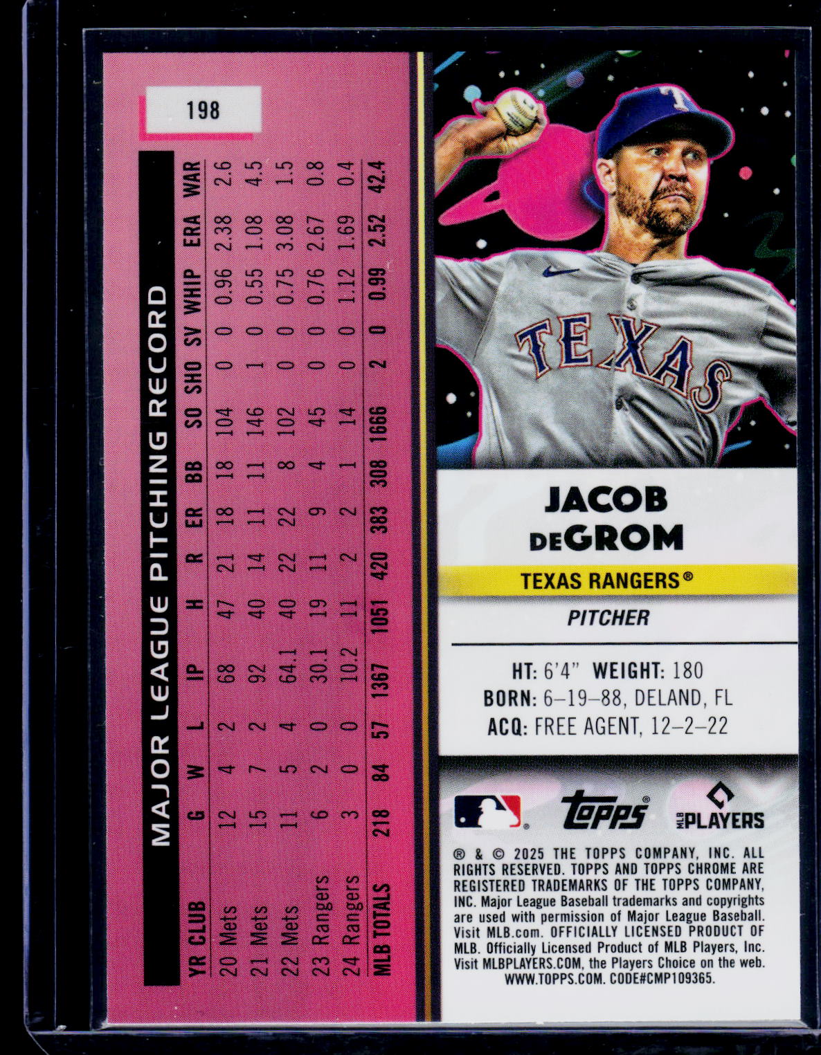 2025 Topps Chrome Cosmic #198 Jacob deGrom Purple Nebula Refractor #/150