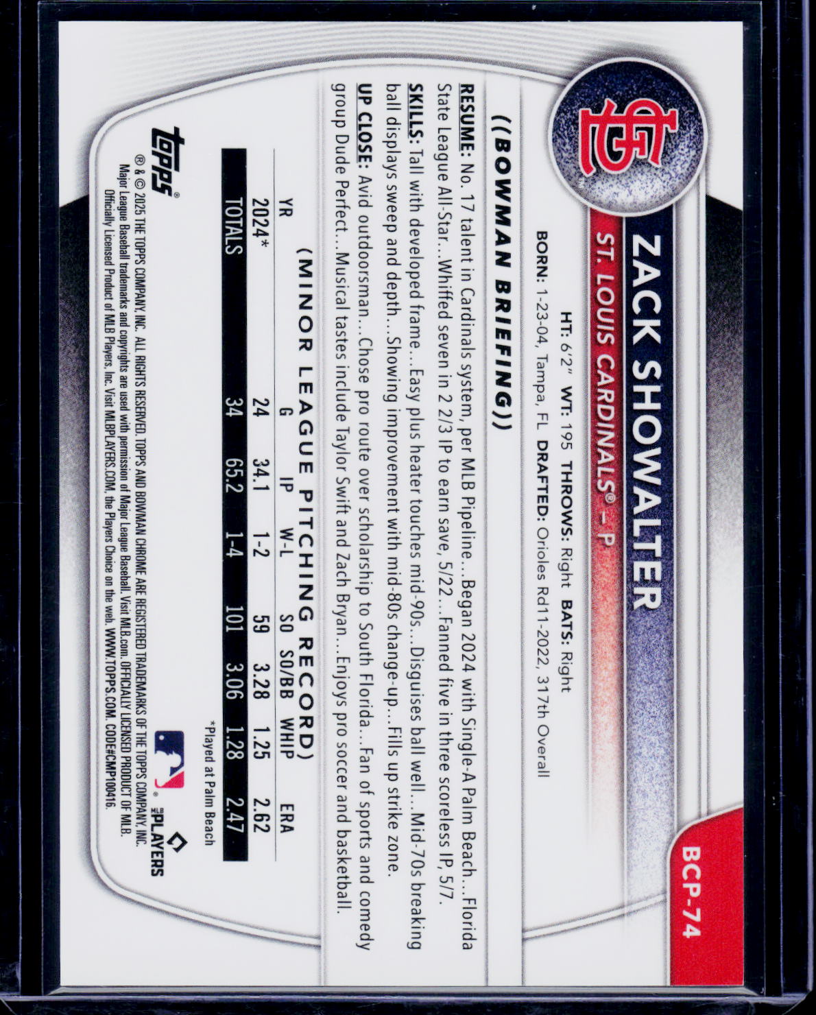 2025 Bowman #BCP-74 Zack Showalter Prospects Orange Shimmer Refractor #/25