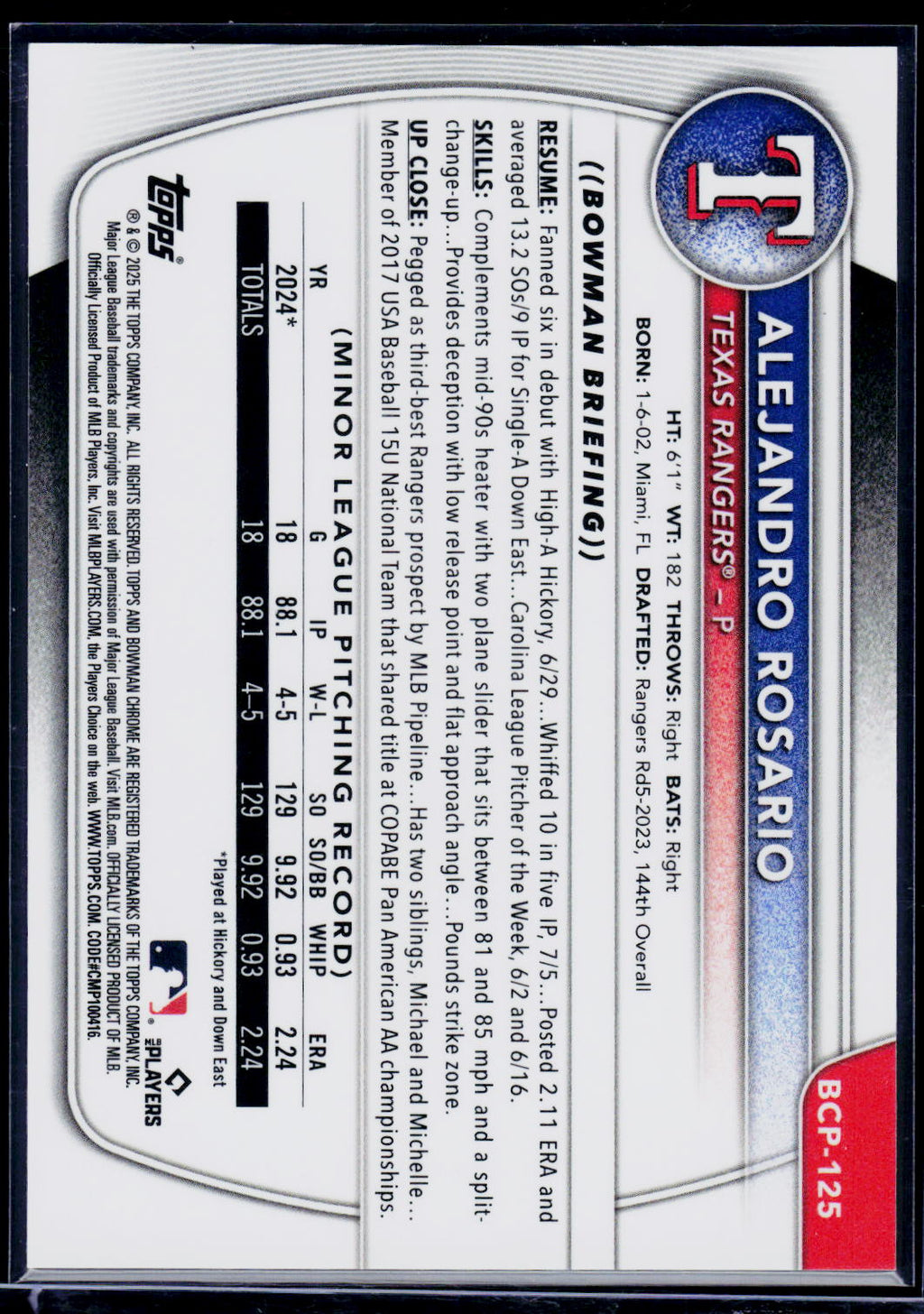 2025 Bowman #BCP-125 Alejandro Rosario Prospects Orange Shimmer Refractor #/25