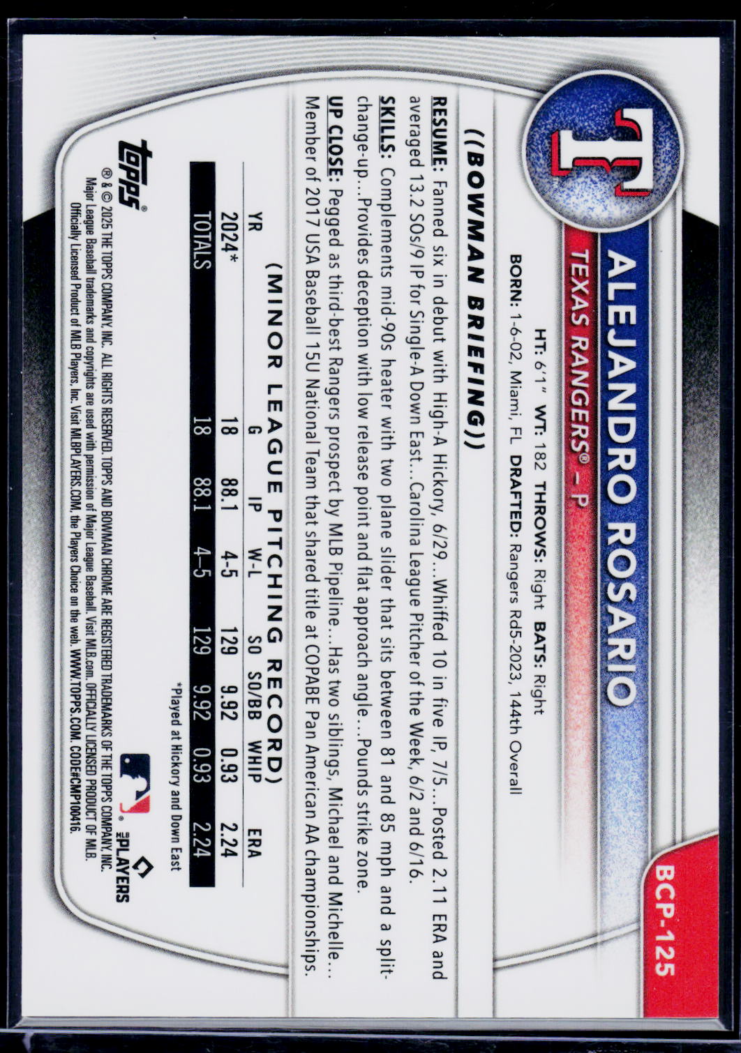 2025 Bowman #BCP-125 Alejandro Rosario Prospects Orange Shimmer Refractor #/25