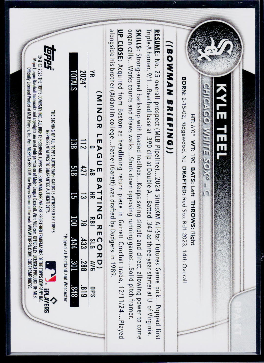 2025 Bowman #BPA-KT Kyle Teel Prospect Autographs Blue #/150