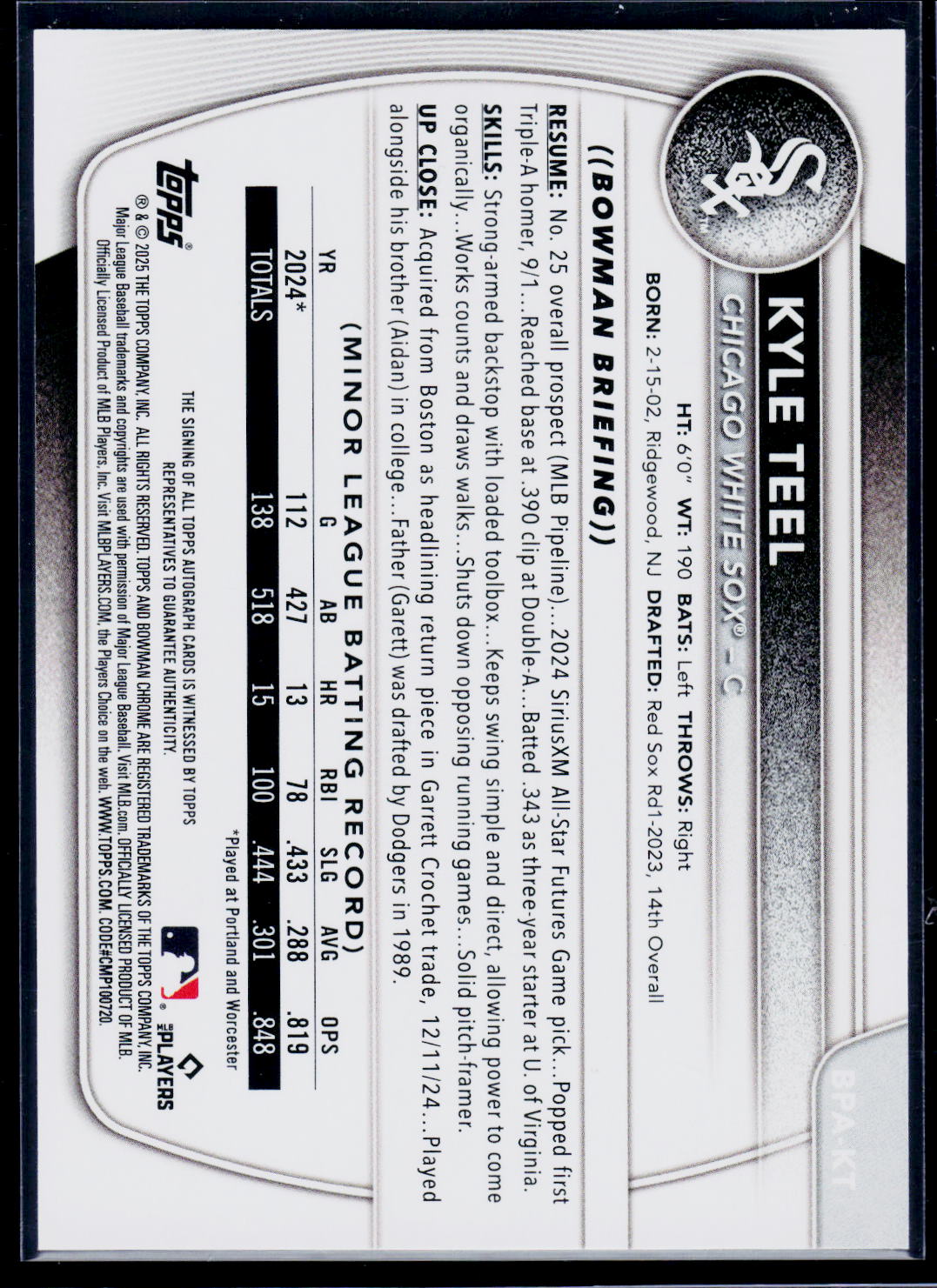2025 Bowman #BPA-KT Kyle Teel Prospect Autographs Blue #/150