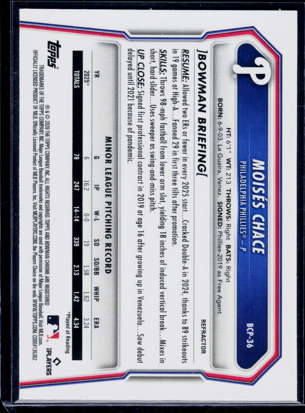 2026 Bowman #BCP-36 Moisés Chace Chrome Prospects Refractor #/499